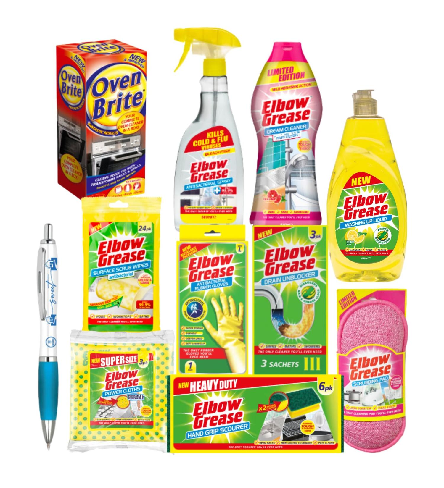 Kitchen Cleaner Bundle | 16pc Elbow Grease & Oven Brite Cleaning Products Set | Cleaning Wipes Drain Unblocker Oven Cleaner Cream Cleaner Antibacterial Spray and more Including Sinta Gifts Pen - Buy Online on GoSupps.com