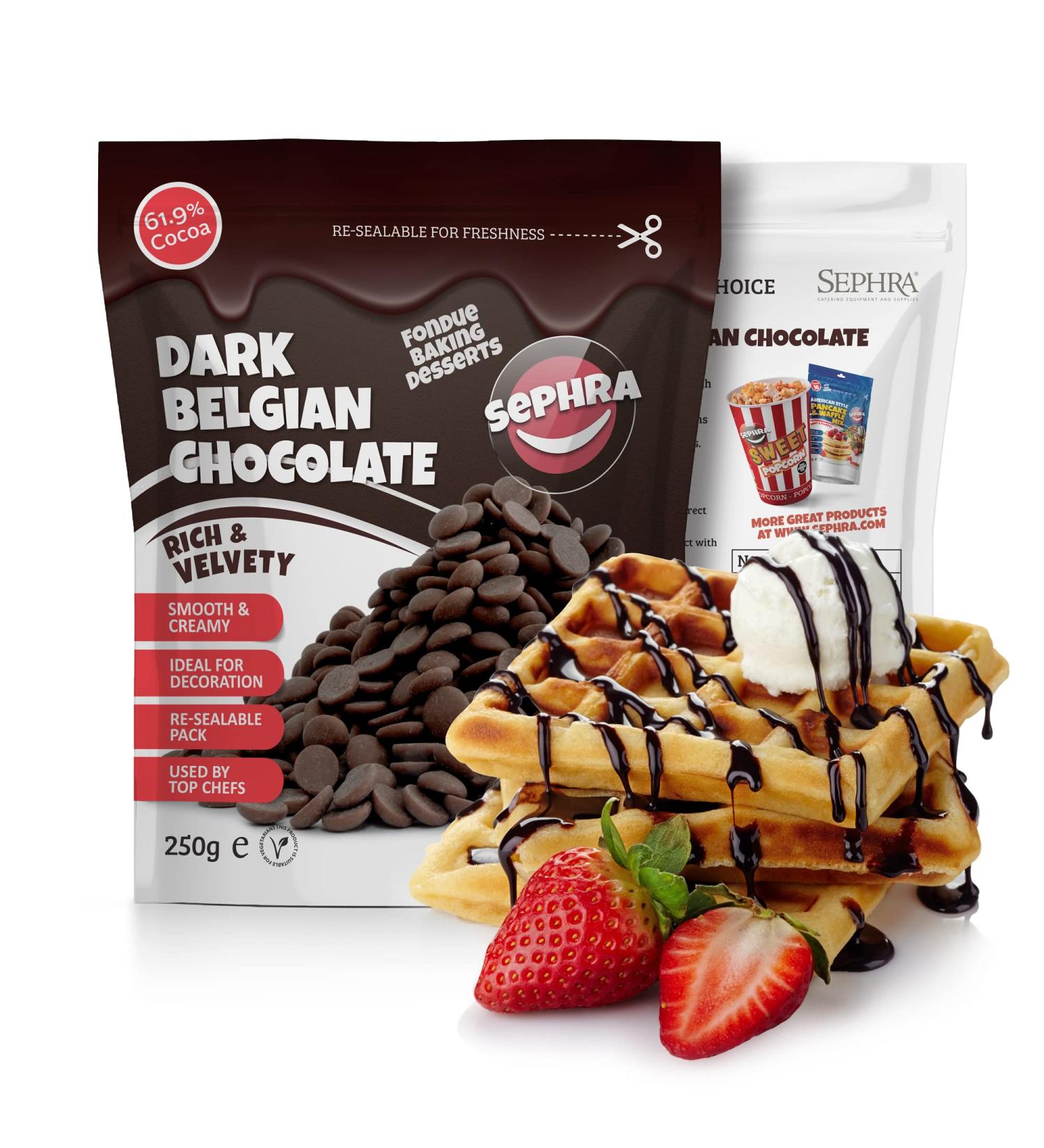 Sephra Belgian Couverture Chocolate Callets/Drops/Chips for Fountains Melting Baking Fondue Chocolate Making Pastries and Desserts - Gluten Free and Halal (Dark 250g) 250 g - Buy Online on GoSupps.com