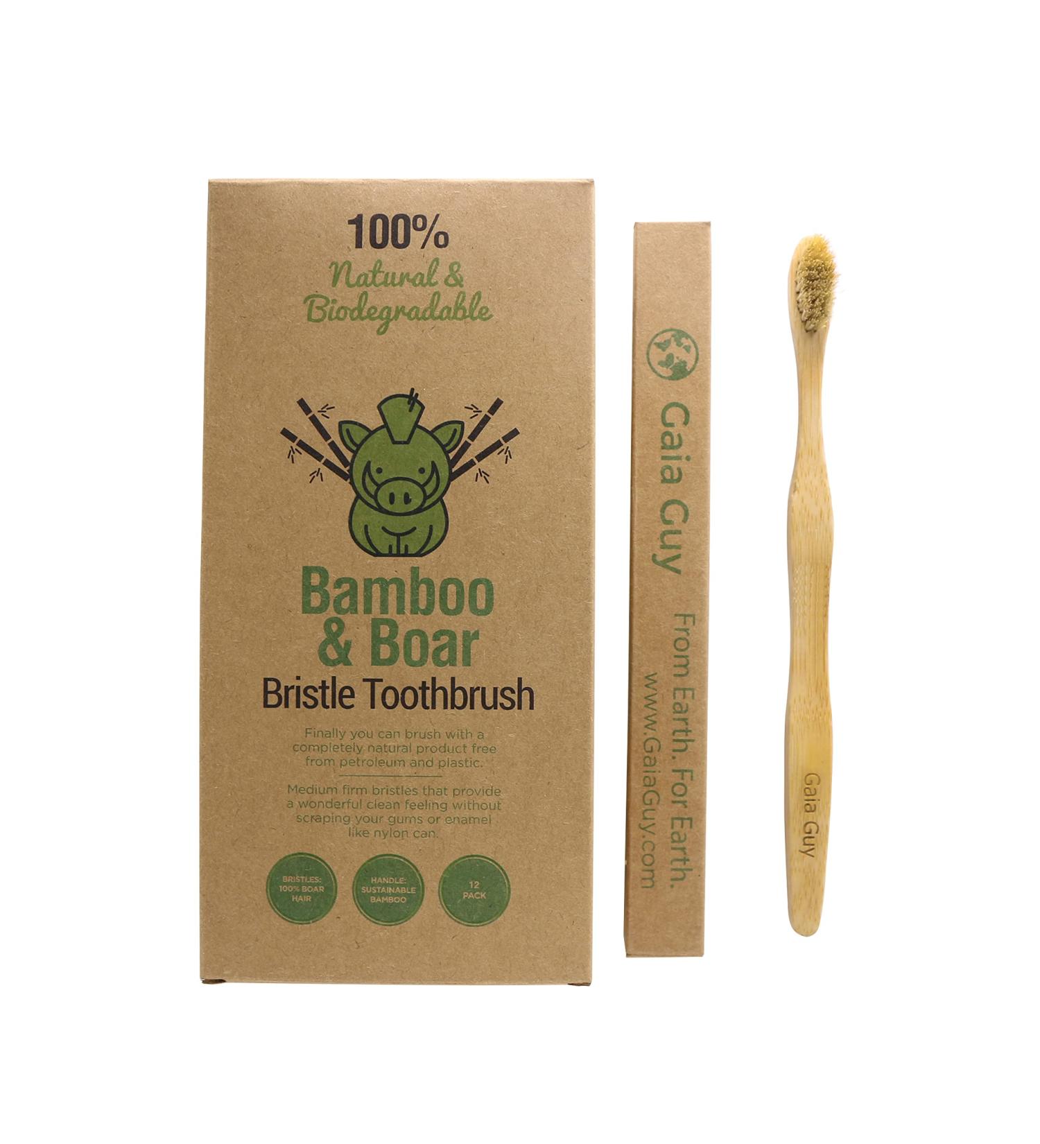Gaia Guy Natural Bristle Bamboo Toothbrush - Biodegradable Boar Bristles - Eco-Friendly 12-Pack - Buy Online on GoSupps.com