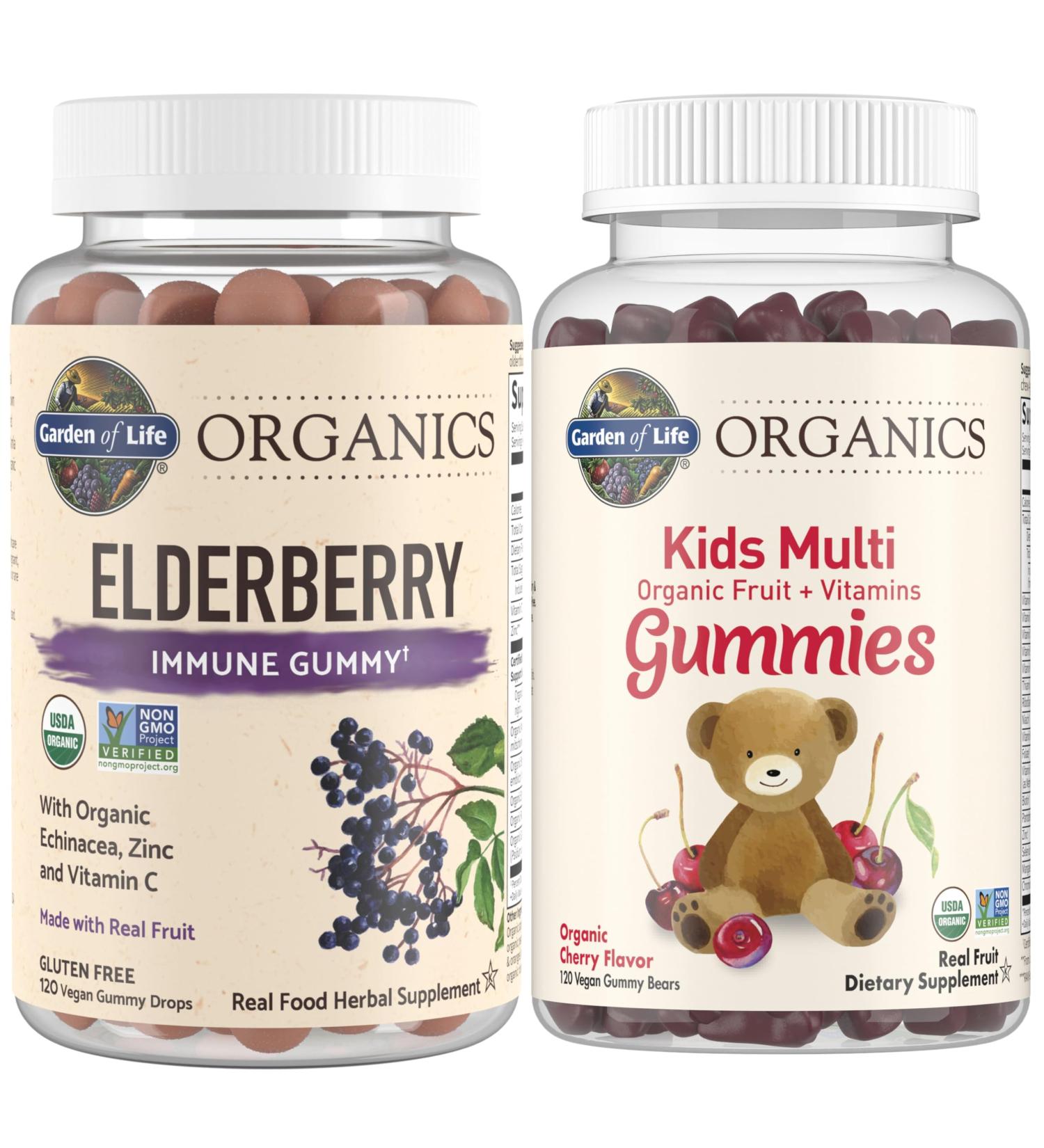 Garden of Life Organics Kids Immune Bundle Elderberry Immune Support Gummies (120 Count) + Certified Organic Kids Multivitamin Gummies Non-GMO Gluten Free Cherry (120 Count) Elderberry Gummies + Kids Gummy Vitamins - Buy Online on GoSupps.com