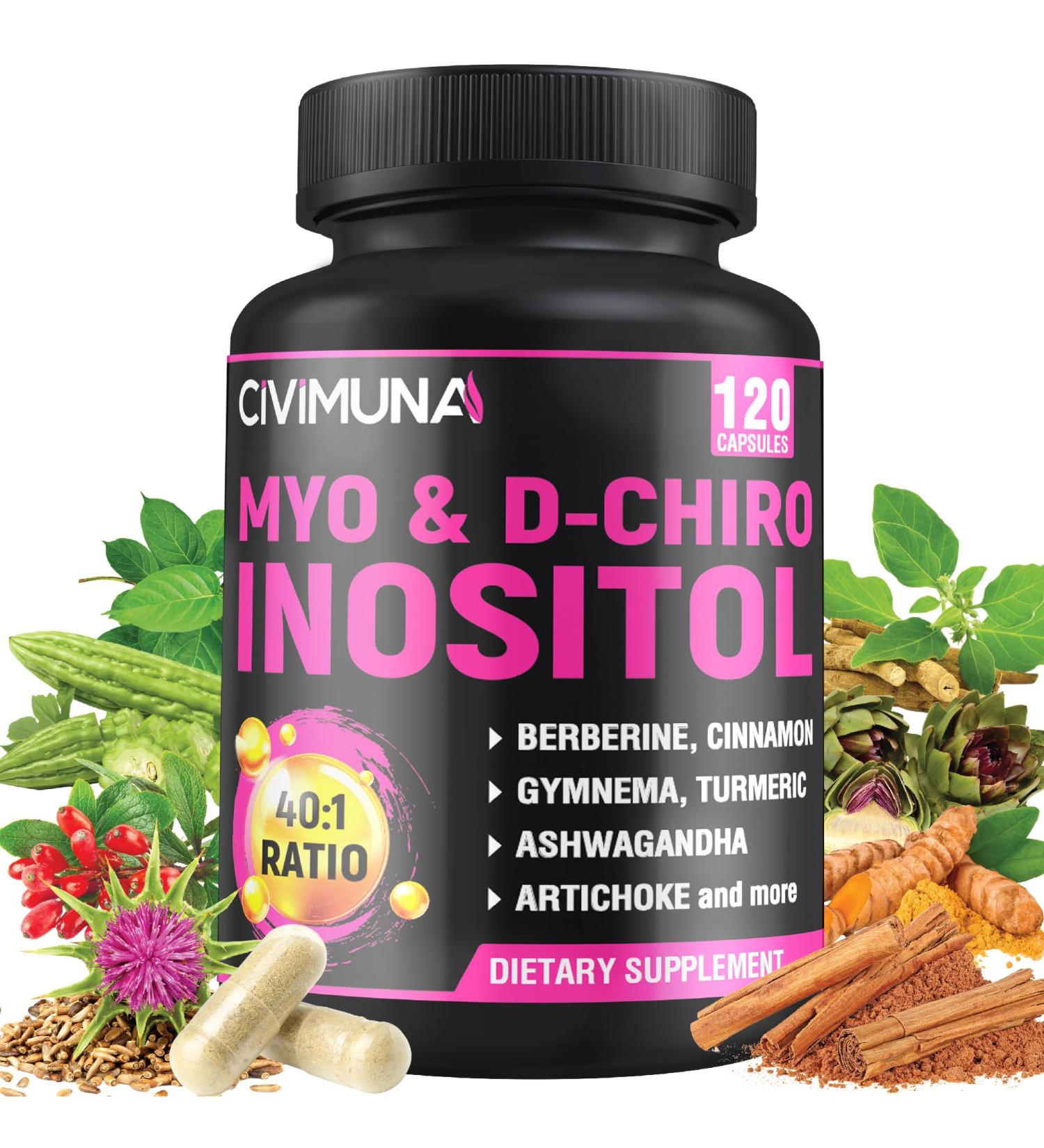 CIVIMUNA Inositol Supplement - Myo-Inositol and D-Chiro Inositol Plus Ashwagandha Berberine Cinnamon and 5 Mores - 120 Capsules - Buy Online on GoSupps.com