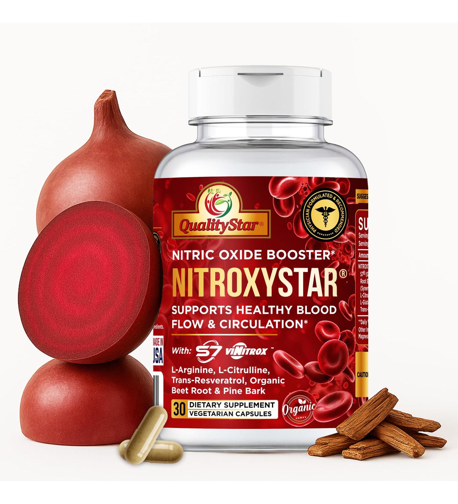 Nitroxystar Nitric Oxide Booster for Men & Women - Featuring S7 & ViNitrox - Blend with L-Arginine L-Citrulline Ginseng - Muscle Pump Circulation Endurance & Recovery Support - 30 Vegan Capsules - Buy Online on GoSupps.com