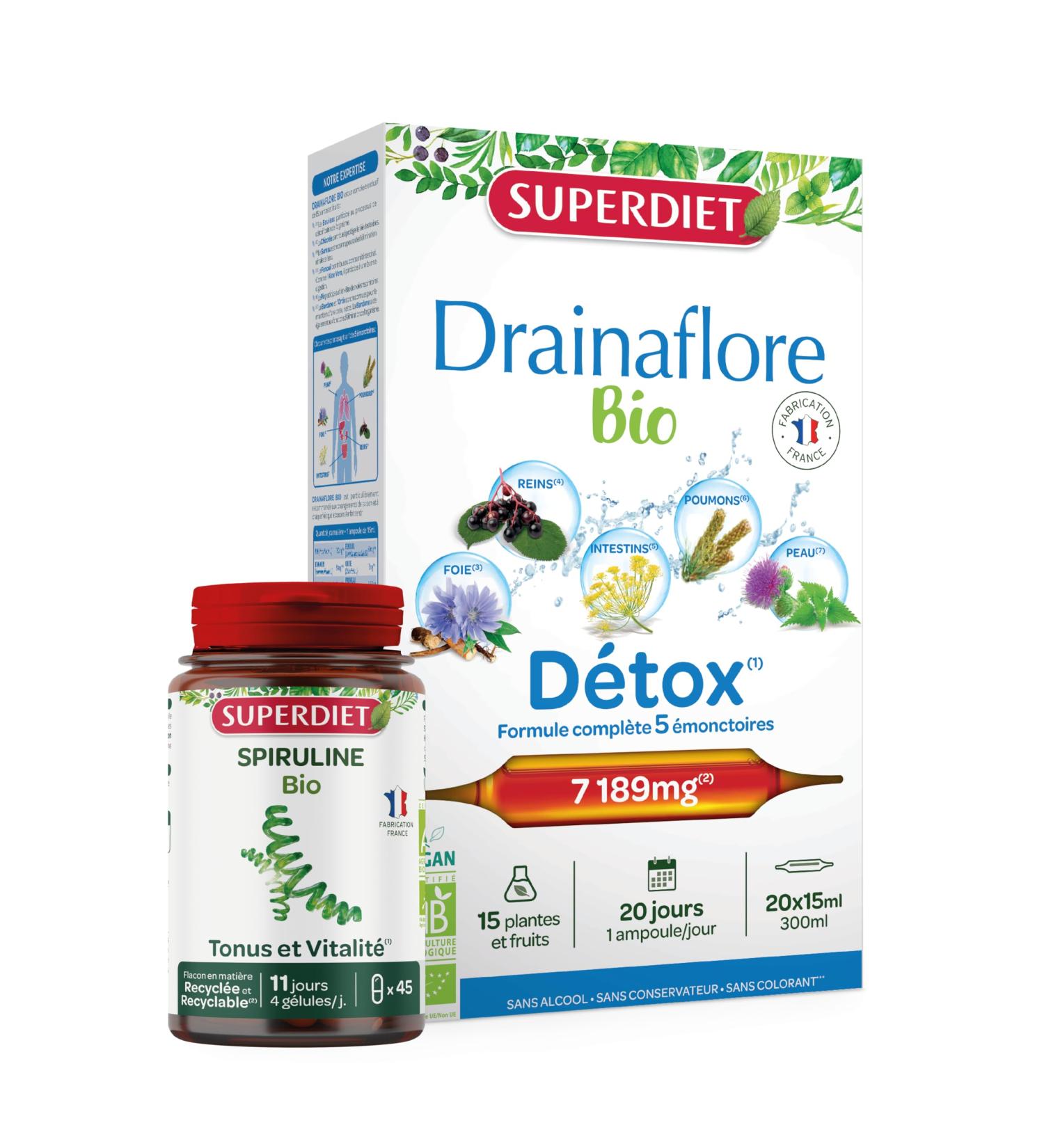 SUPERDIET – DRAINAFLORE ORGANIC & ORGANIC SPIRULINA – Detox – Herbal Medicine – Economical Format – 20 ampoules of 15 ml + 45 capsules