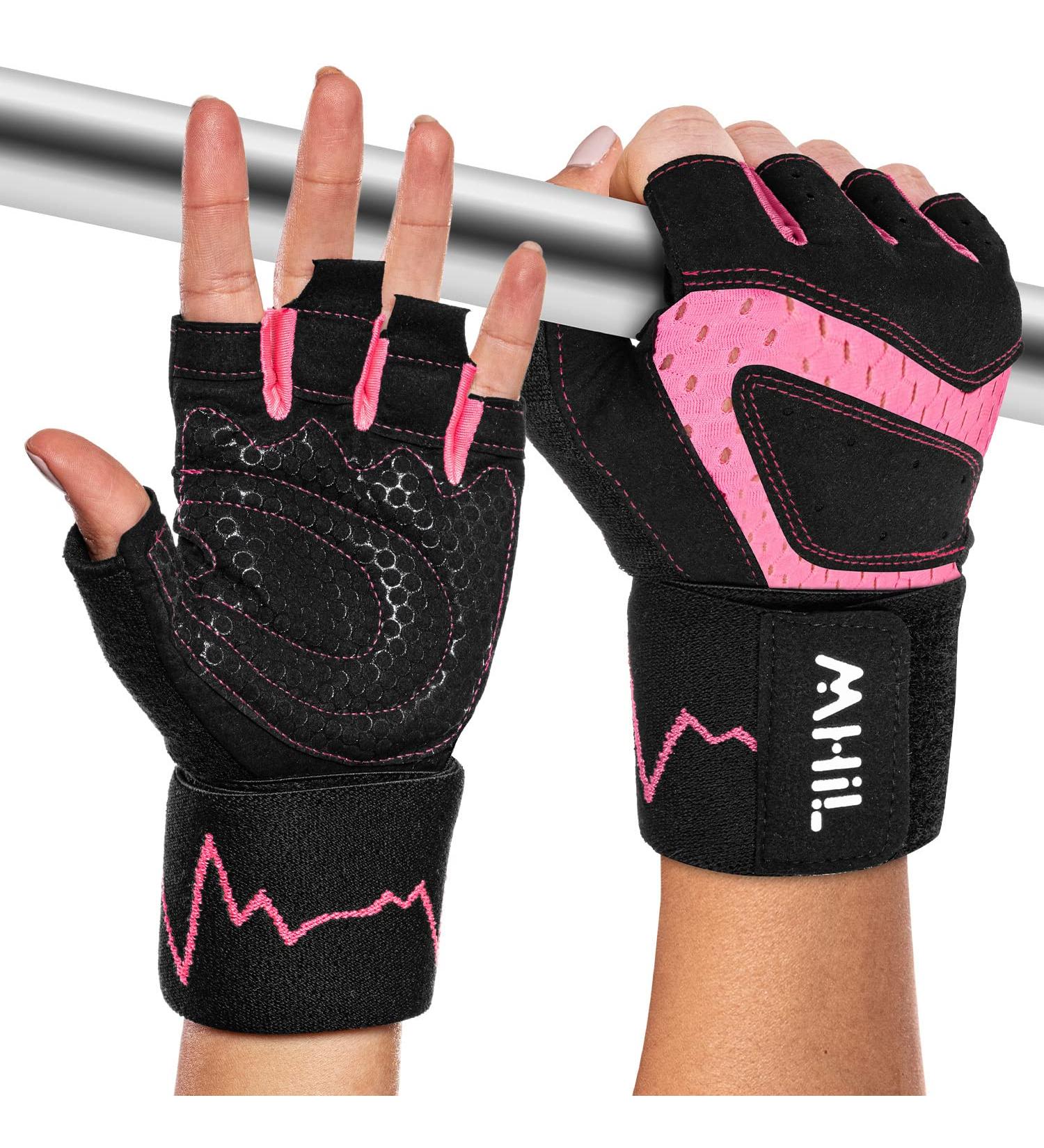 MhIL Workout Gloves with Wrist Wraps Support - Full Palm Protection for Men & Women | Weightlifting, Gym, Exercise & Training Gloves - Pink, Medium (7.5-8) - Buy Online on GoSupps.com