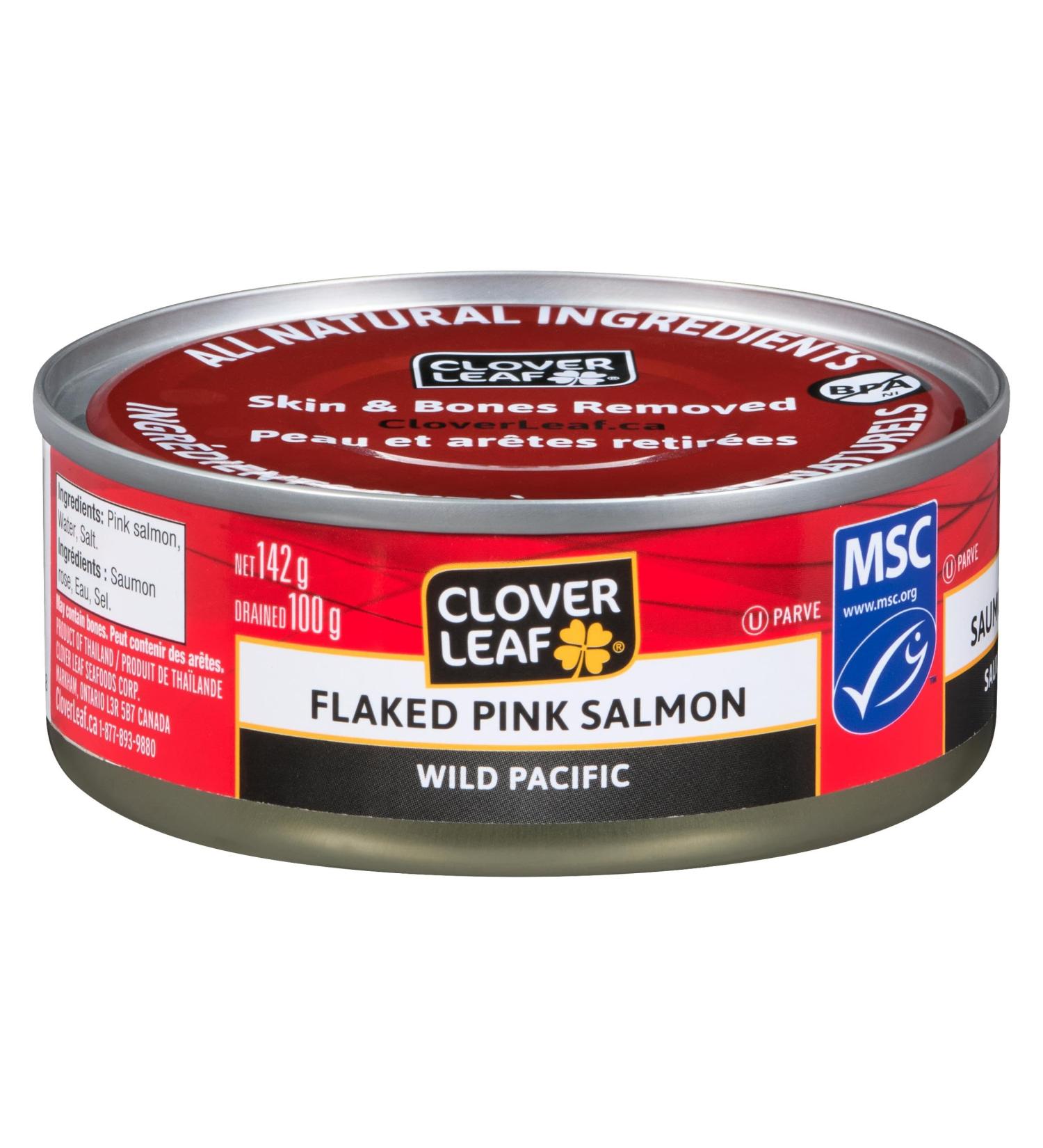 Clover Leaf Flaked Pink Salmon Wild Pacific - 142g 24 Count - Canned Salmon Skin & Bones Removed Very High In Protein - 12g of Protein Per 55g Serving Drained Source Of Omega-3 Vitamin D - Buy Online on GoSupps.com