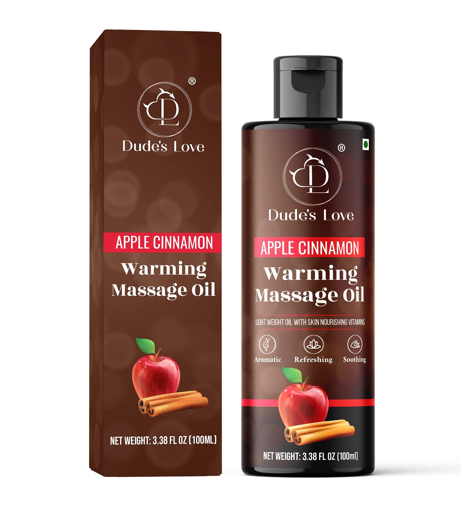 Dude's Love Organic Flavored Warming Massage Oil - Apple Cinnamon | Non-Sticky No Stain | Nourishing Aromatherapy Vegan Oil - 3.38 Fl Oz - Buy Online on GoSupps.com