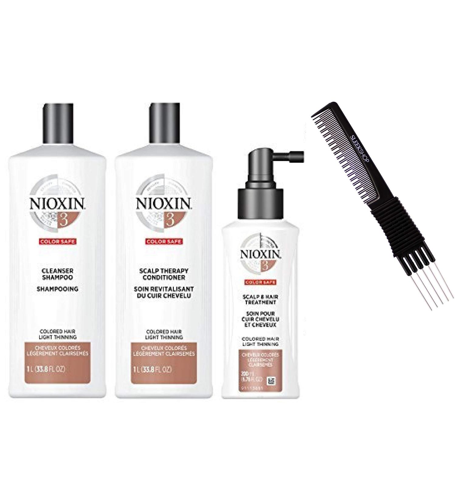 fragile hair NlOXlN System 1 LARGE STARTER KIT for Natural Hair & Light Thinning 3-piece TRIO Kit (w/ Sleek Premium Carbon Teasing Comb) Boost Fine Hair (System 3 LARGE KIT (33 oz + 33 oz + 6.7 oz))