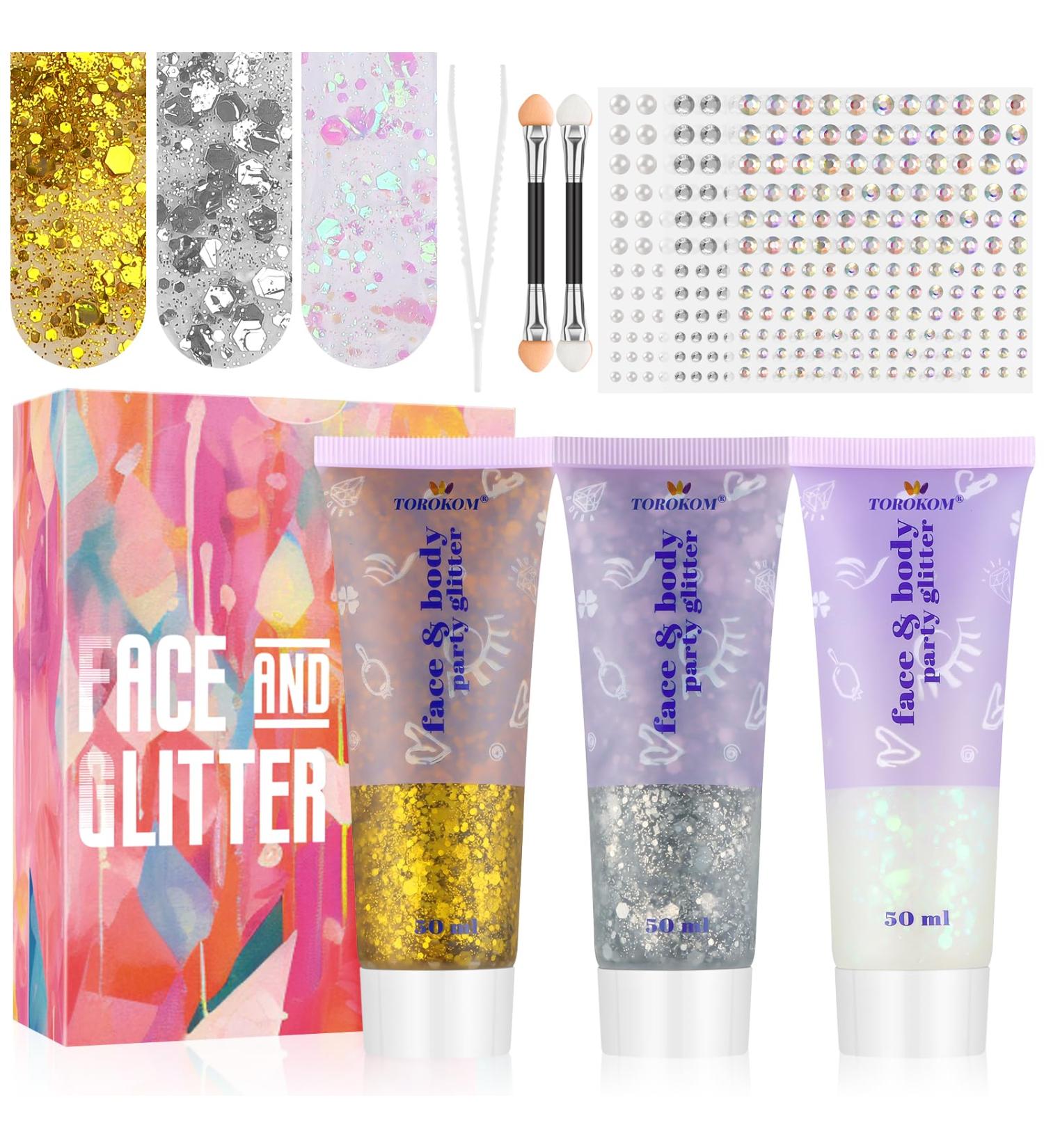 EBANKU 3Pcs Mermaid Sequins Body Glitter Gel Set with Makeup Brushes - Festival Party Makeup Decoration in Yellow, Silver, and White - Buy Online on GoSupps.com