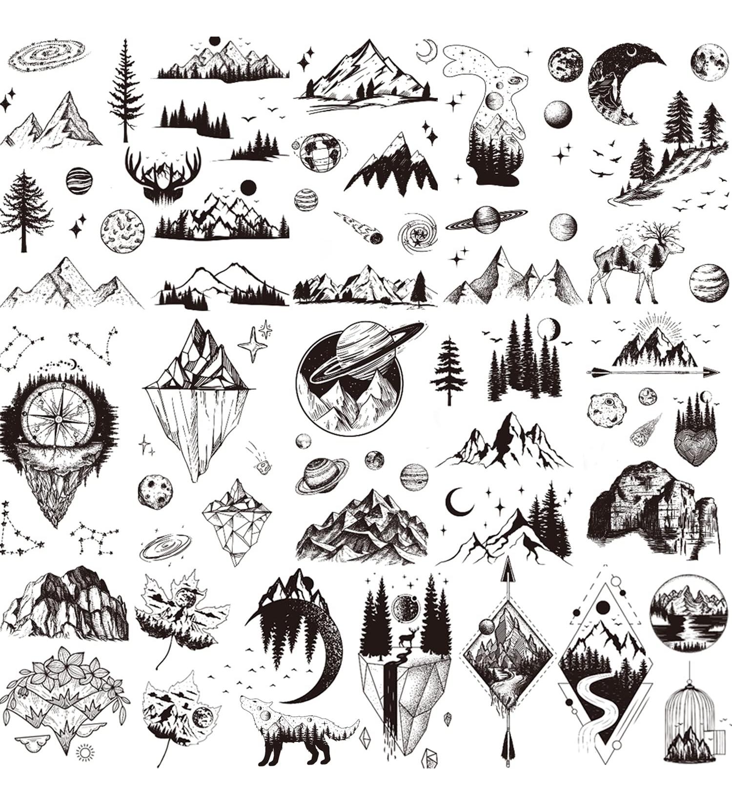 Tazimi Black Mountain Temporary Tattoos - 35 Sheets Waterproof Forest Sun Star Moon Space Designs for Men and Women | Body Art and Face Tattoos - Buy Online on GoSupps.com