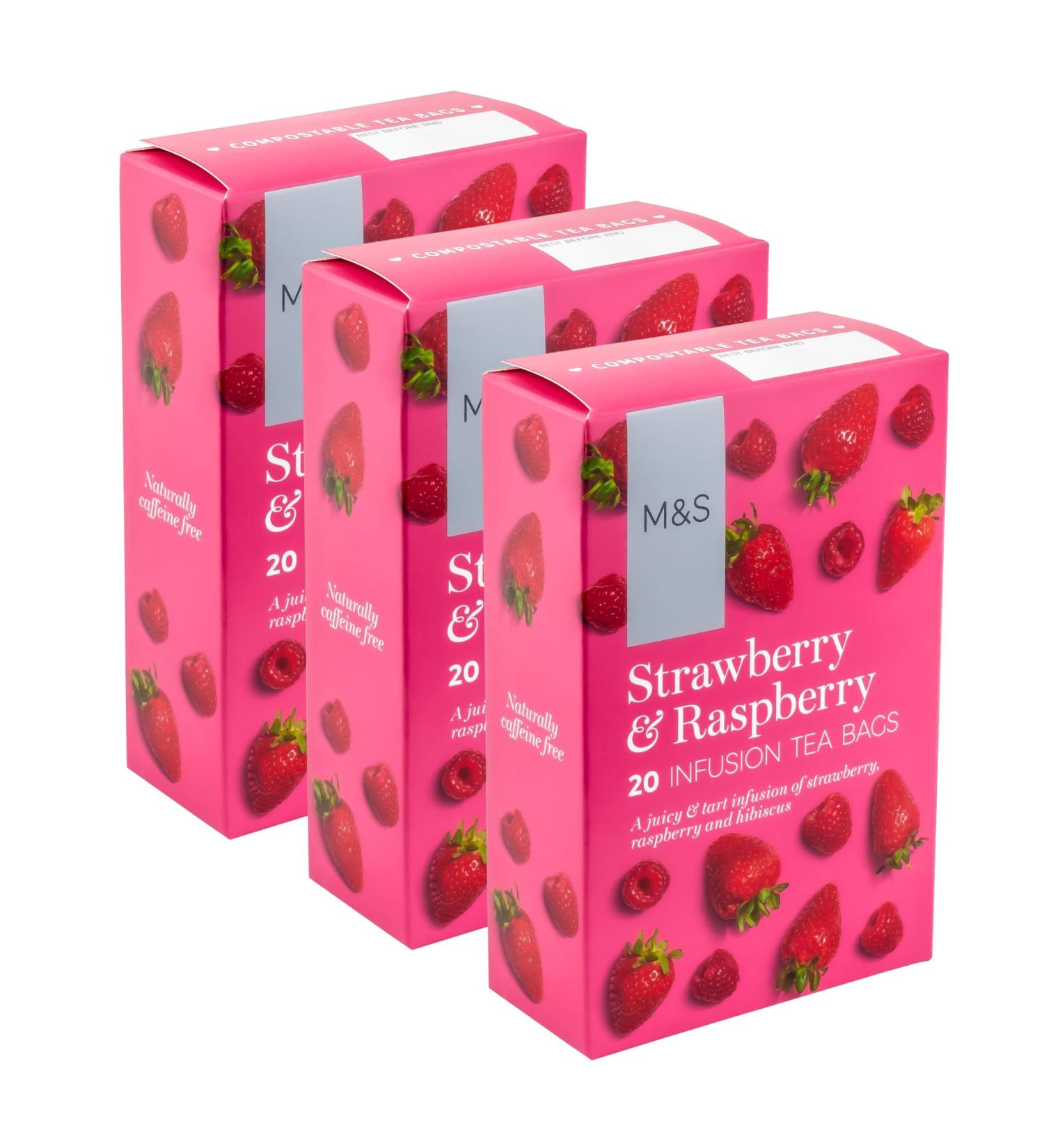 M&S Marks & Spencer Strawberry & Raspberry Fruit Infusion Teabags Juicy & Tart with Hibiscus Caffiene Free - Set of 3 x 20pk
