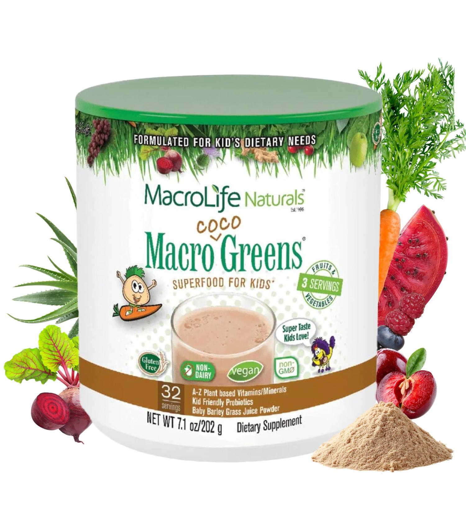 MacroLife Naturals MacroCoco Super Greens Drink, Chocolate Powder Superfood for Kids & Teens - Whole Food Fruit & Vegetable Multi-Vitamins Probiotics Digestive Enzymes & Fiber Supplement - 32 Servings 7 Ounce (Pack of 1) 32  - Buy Online on GoSupps.com