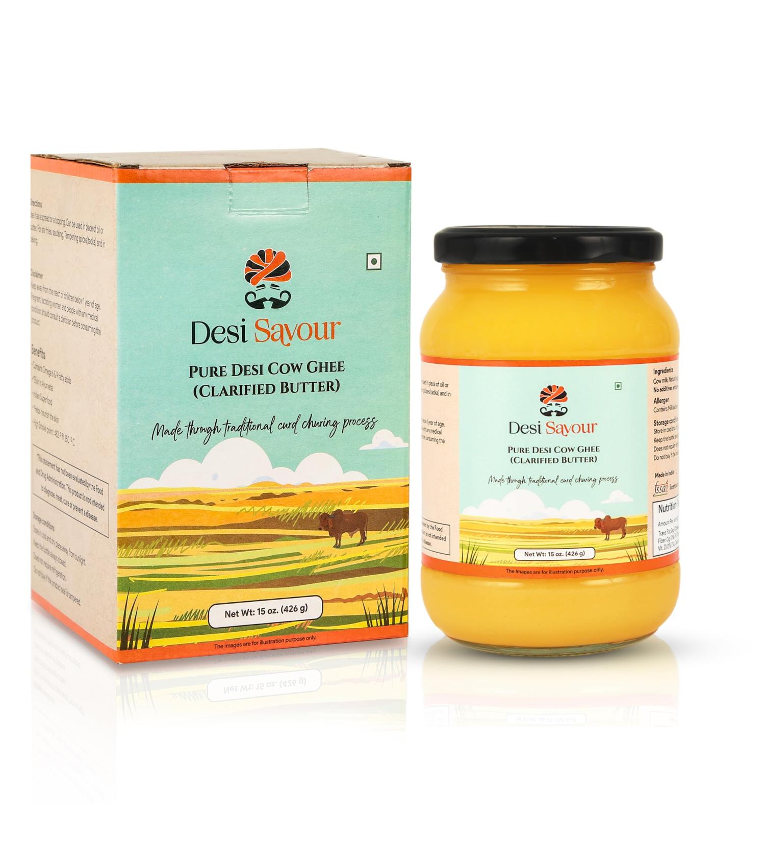 Organic Grass Fed Ghee - Desi Savour | 15 Oz Unsalted Clarified Butter | Gluten Free Keto Paleo Friendly | Lactose Reduced Non-GMO Rich in Vitamins & Omegas - Buy Online on GoSupps.com