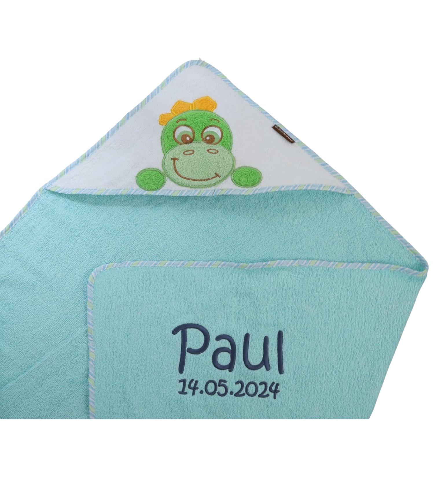 Personalized Hooded Towel for Kids - Embroidered Name Turquoise Dino 100x100 cm - Perfect Gift - Buy Online on GoSupps.com