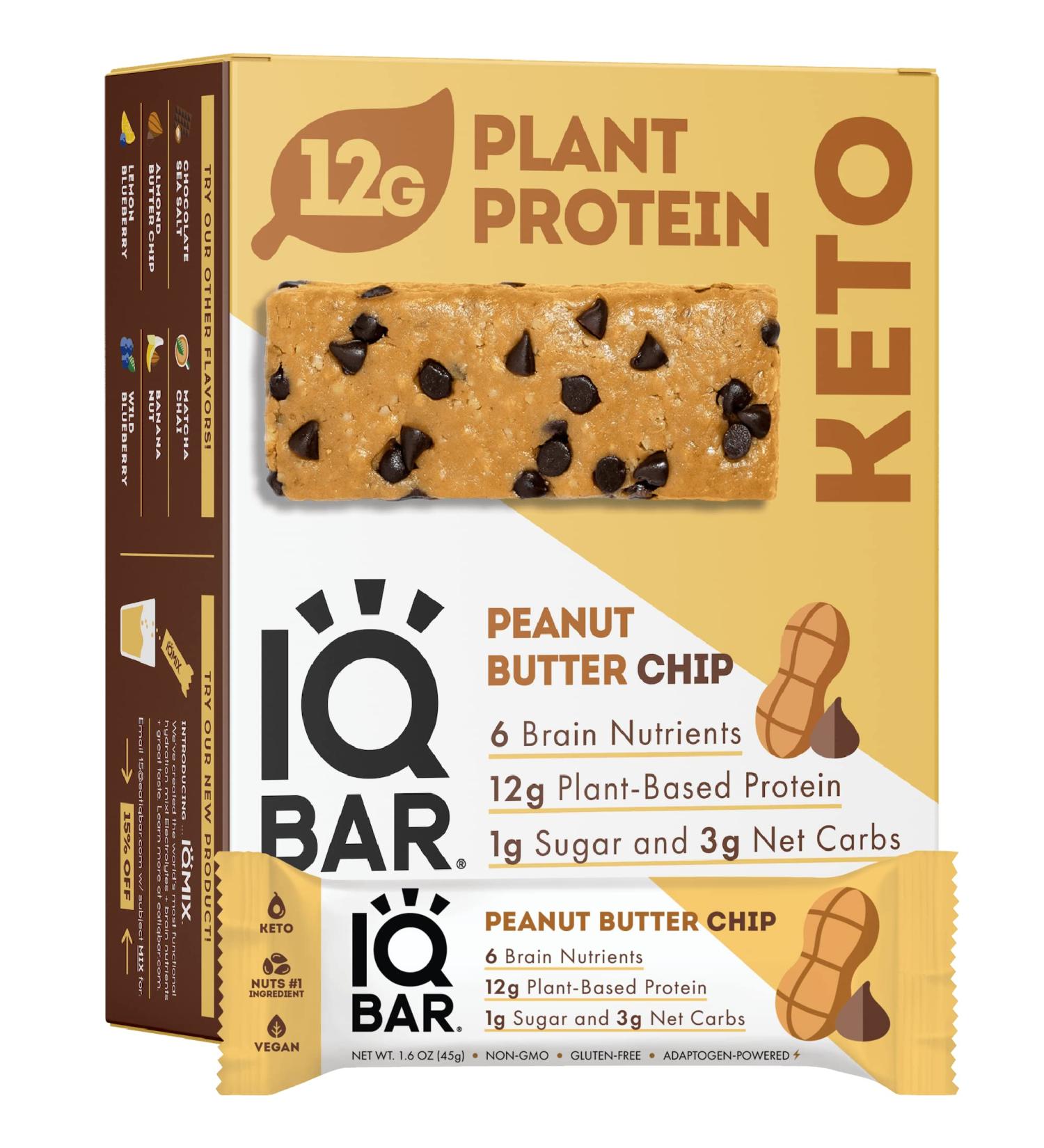 IQBAR Keto Protein Bars - Peanut Butter Chip Flavor - 12-Count Energy Bars - Low Carb, High Fiber, Vegan & Low Sugar - Meal Replacement & Vegan Snacks - Buy Online on GoSupps.com