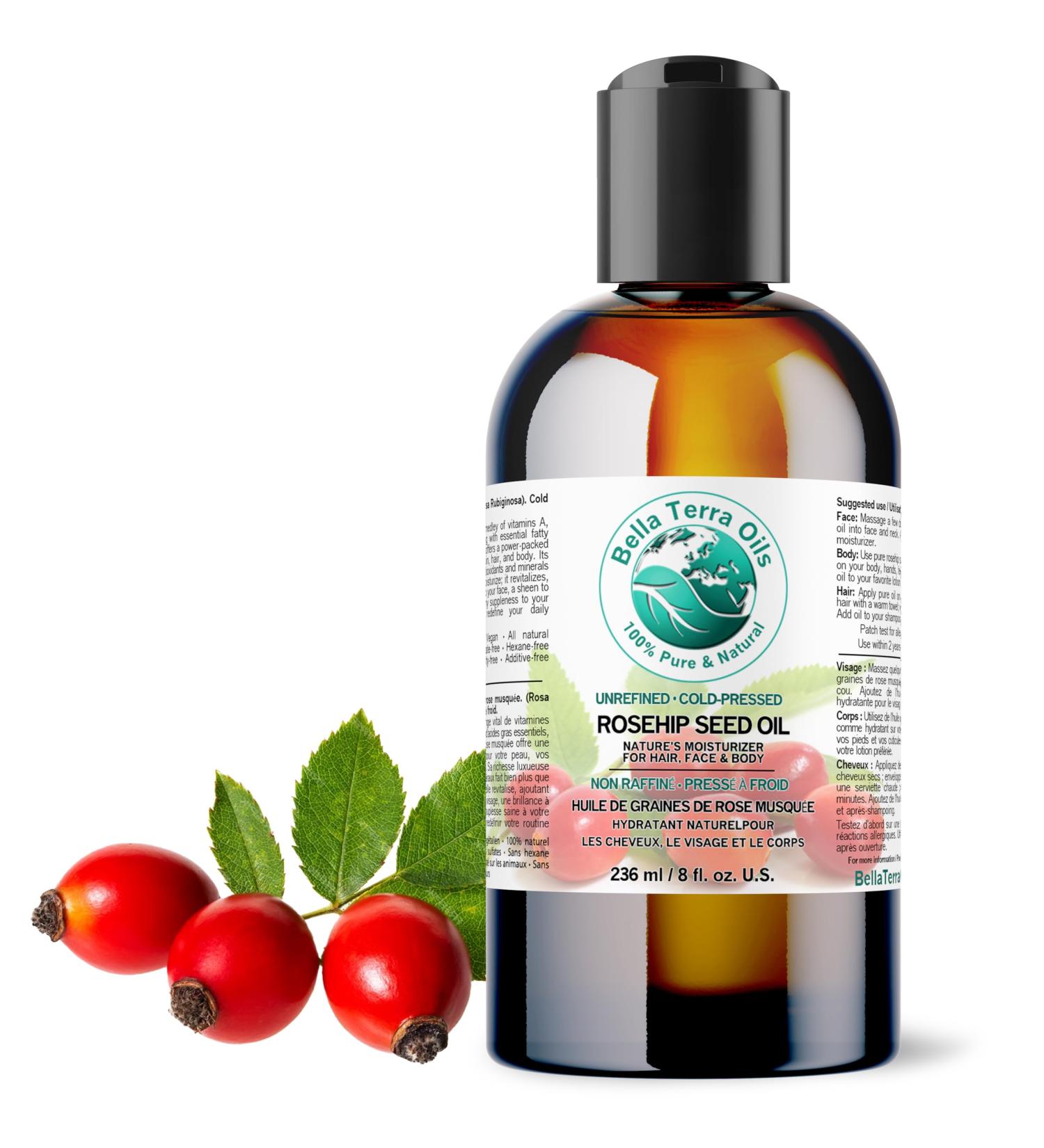 Pure Rosehip Seed Oil 236 ml Nourishing Hydrating Rejuvenating Rich in Vitamins Enhances Hair and Skin Health Bella Terra Oils  - Buy Online on GoSupps.com