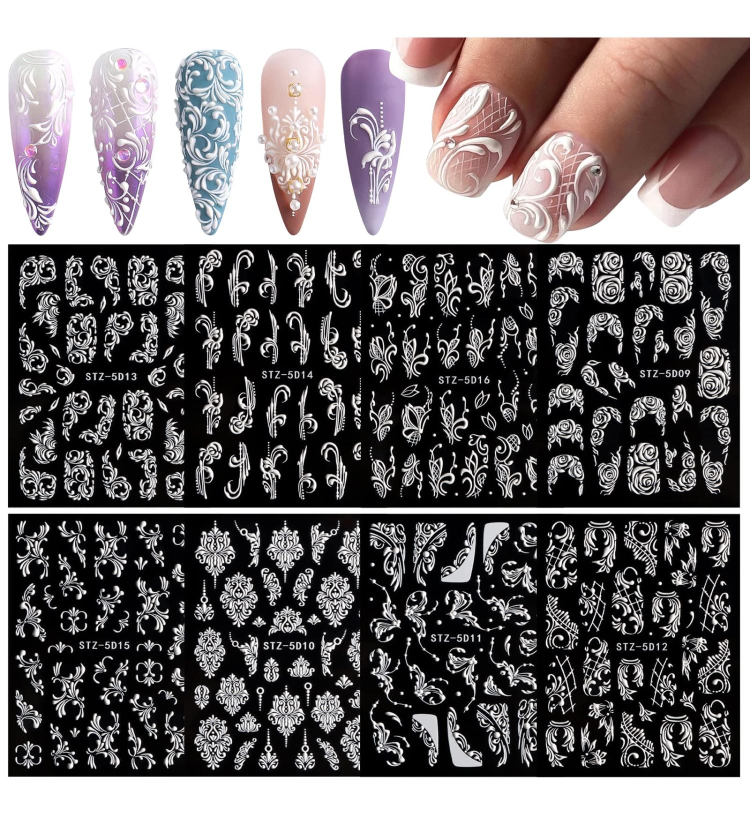 EBANKU 8 Sheets 5D Flower Nail Stickers Rose White Embossed Sliders Wedding Nail Art Design Acrylic Engraved Flower Decal Manicure Decor 5D Self-Adhesive Nail Foil Sticker Decor - Buy Online on GoSupps.com