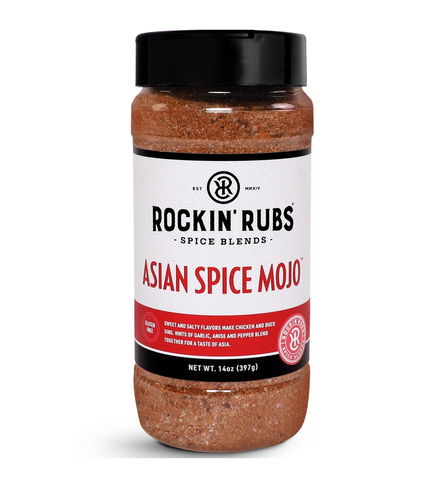Asian Spice Mojo Chinese Five Spice Rub Blend - Gluten Free 14 oz | Perfect for Chicken, Steak, Fish, Stir Fry & Veggies | Sweet, Salty, Mildly Spicy - Rockin' Rubs - Buy Online on GoSupps.com