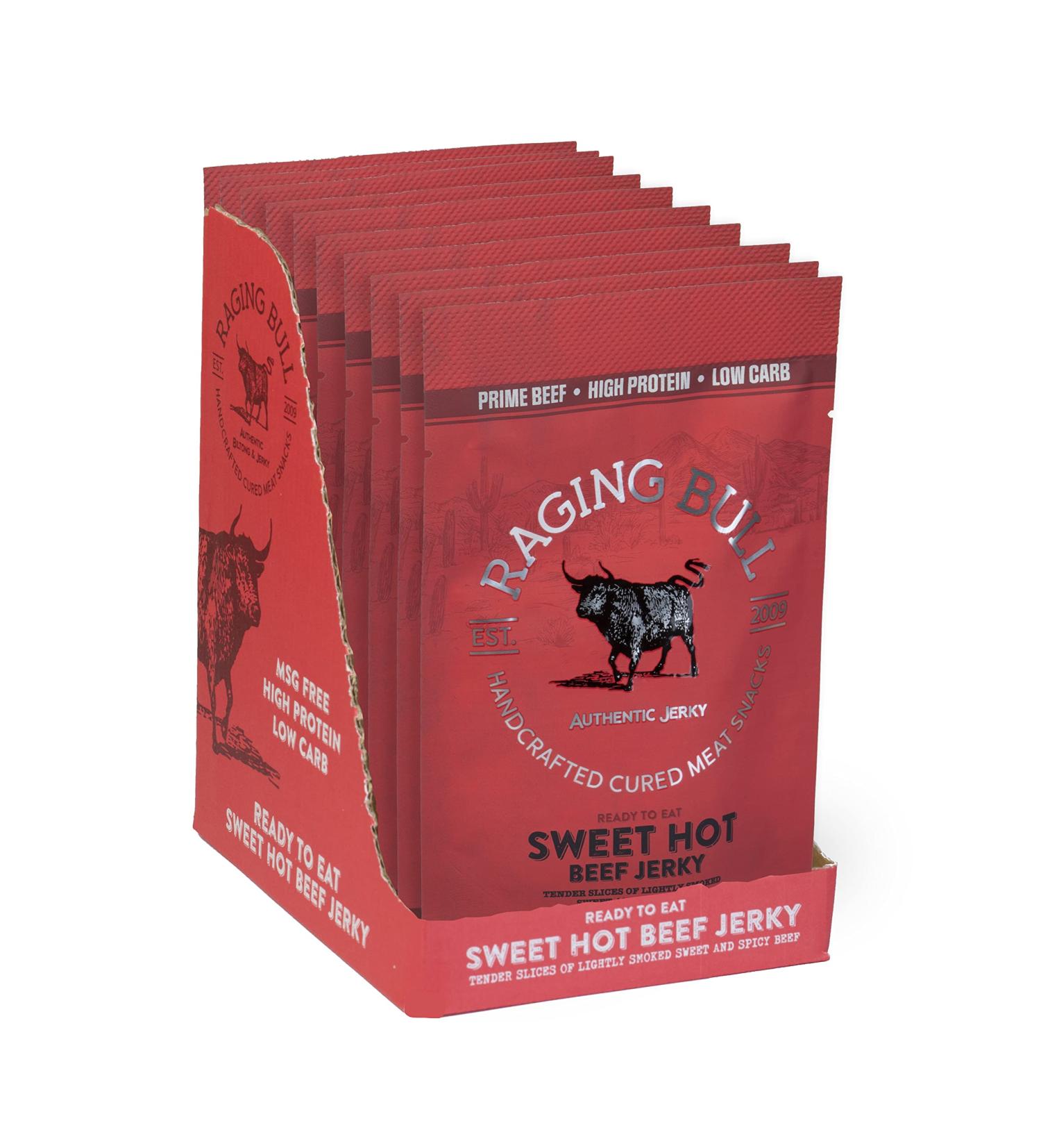 Raging Bull Sweet Hot Beef Jerky - 28g Pack of 10 Multipack Bags - High Protein Snacks - Grass Fed Beef Jerky - Low Carb Keto Snacks - MSG Free Carnivore Snacks - Jerky Gift Set - Natural Meat Snacks - Buy Online on GoSupps.com