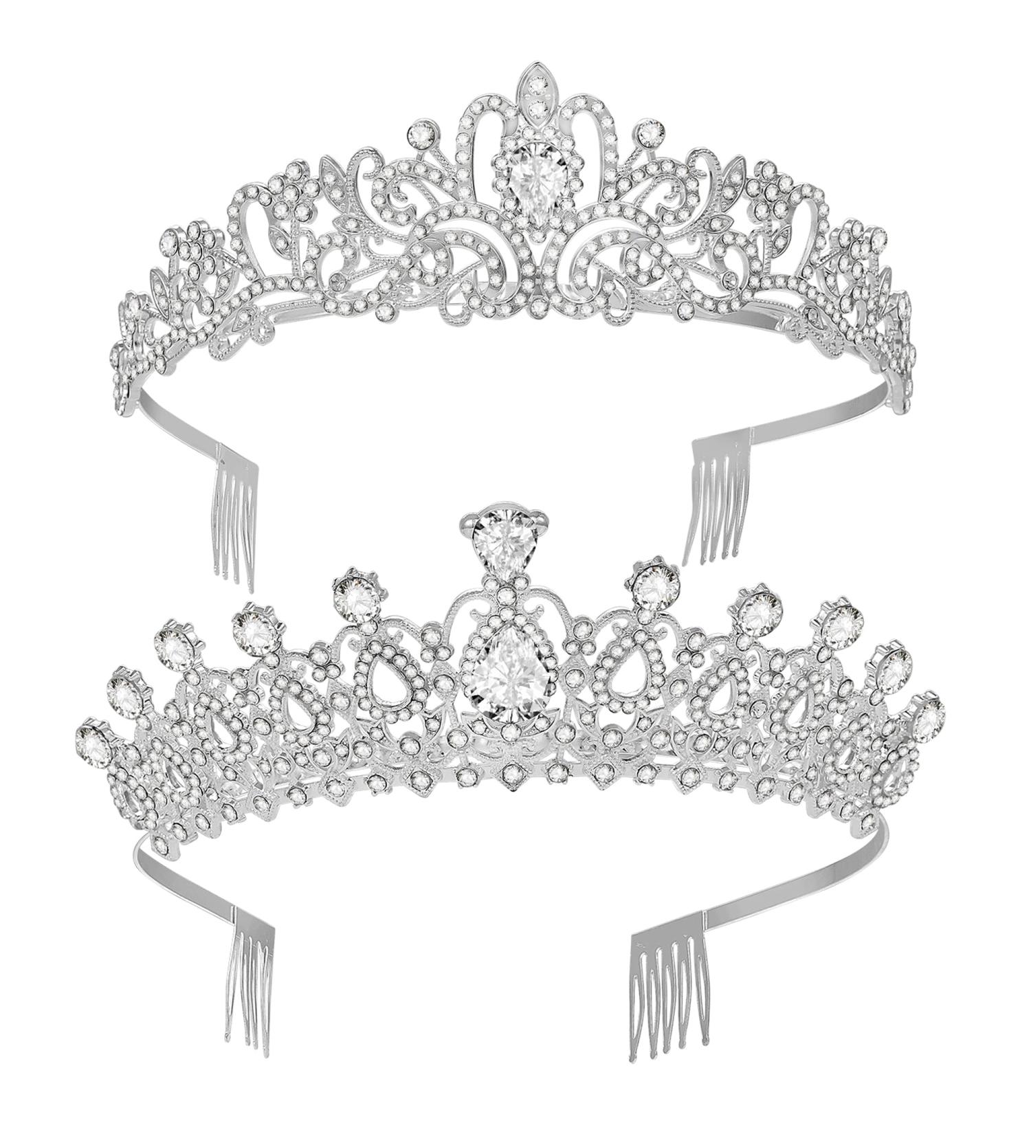 2 Pack Silver Crystal Tiara Crown Jewelry Set for Women & Girls - Elegant Rhinestone Diadem Headpiece for Princess Birthday, Wedding, Prom & Pageant Gift - Buy Online on GoSupps.com