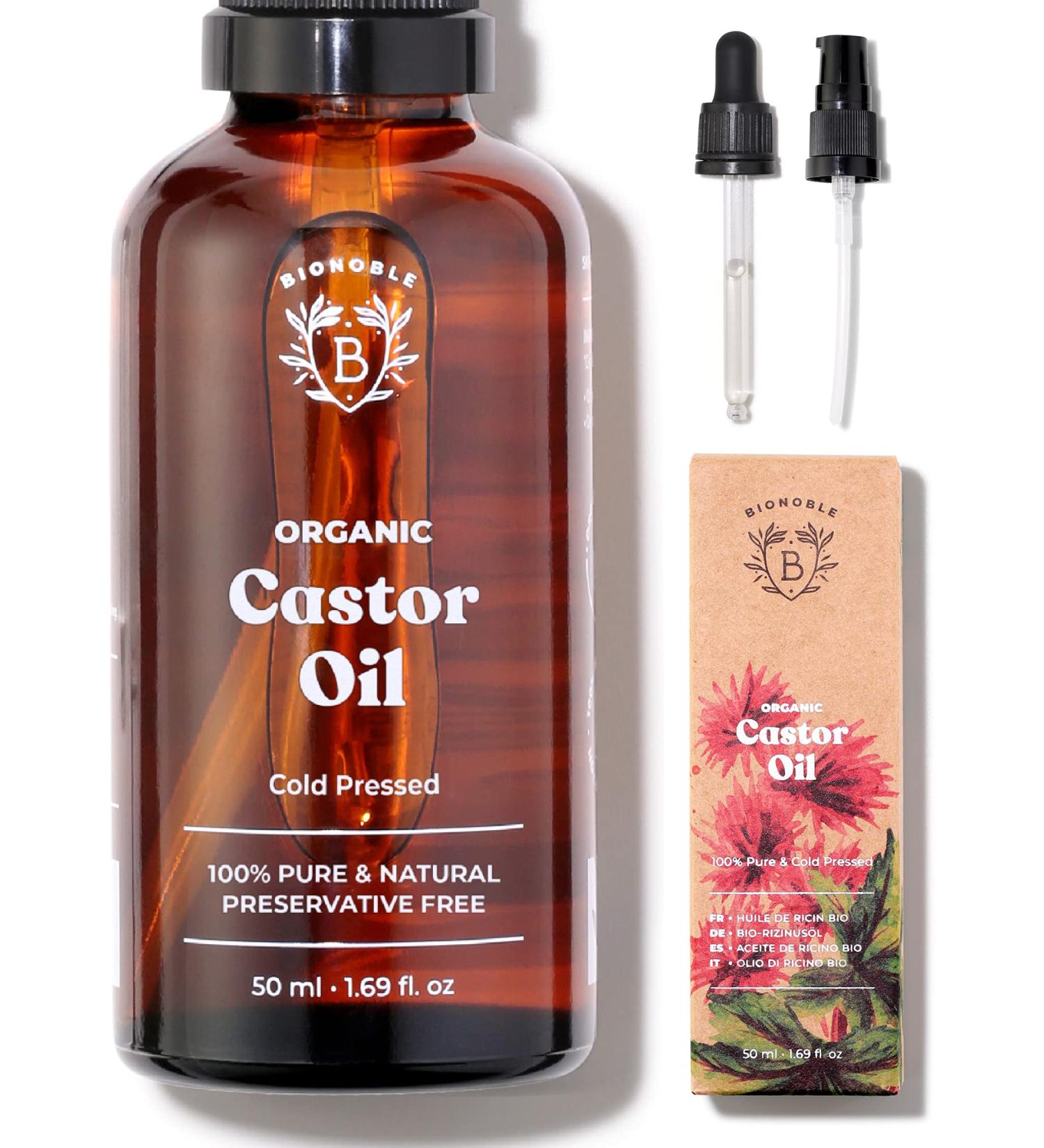 Bionoble Organic Castor Oil 50ml - 100% Pure Cold Pressed for Lashes, Eyebrows, Hair, Beard & Nails - Vegan & Cruelty Free - Glass Bottle with Pipette & Pump - Buy Online on GoSupps.com