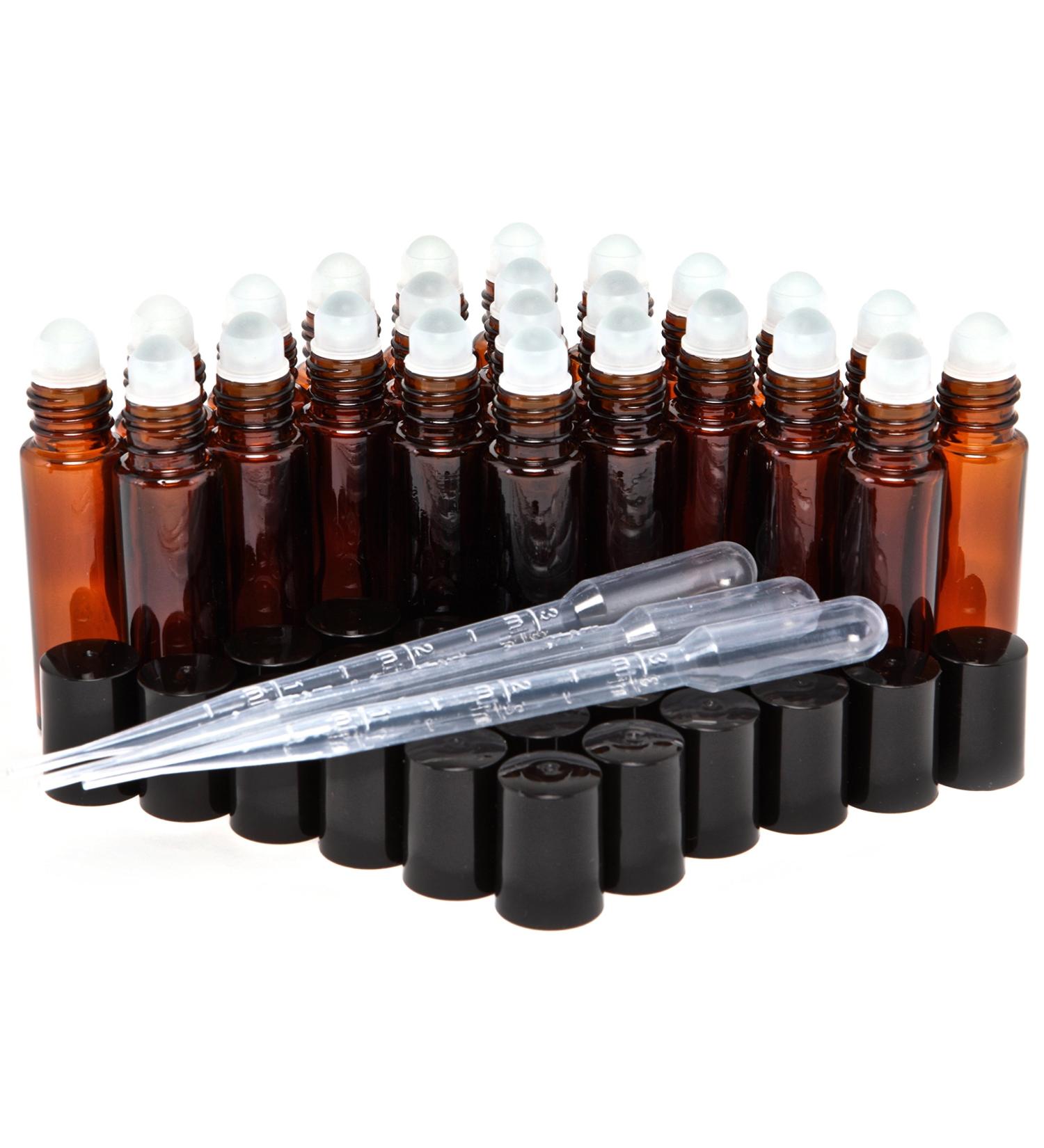 24 Pack Amber 10ml Glass Roll-On Bottles with 3 Droppers - Buy Online on GoSupps.com