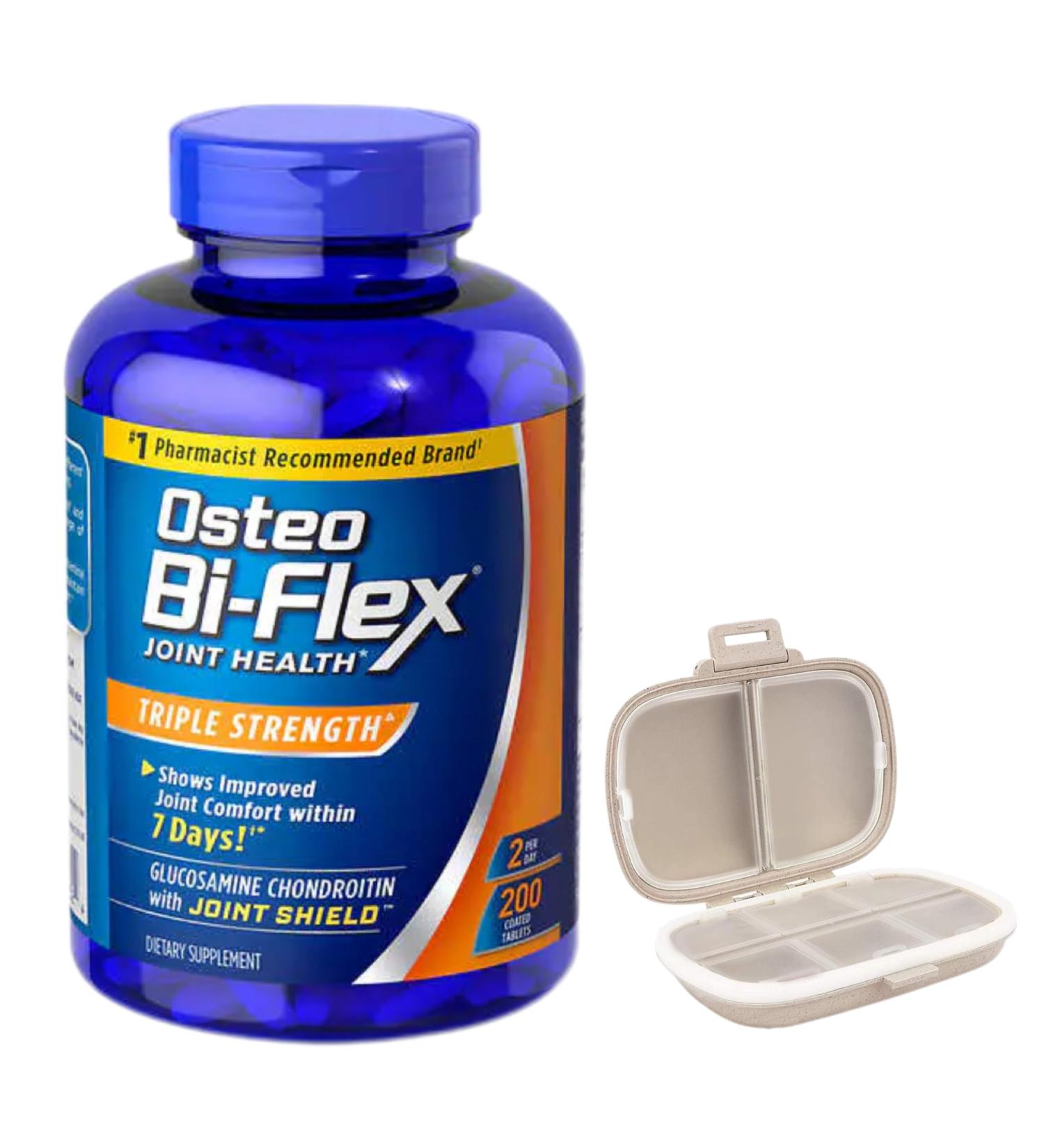 Osteo Bi-Flex Triple Strength 200 Tablets with Travel Pill Organizer - 8 Compartment Portable Case in Khaki | Joint Health Supplement - Buy Online on GoSupps.com