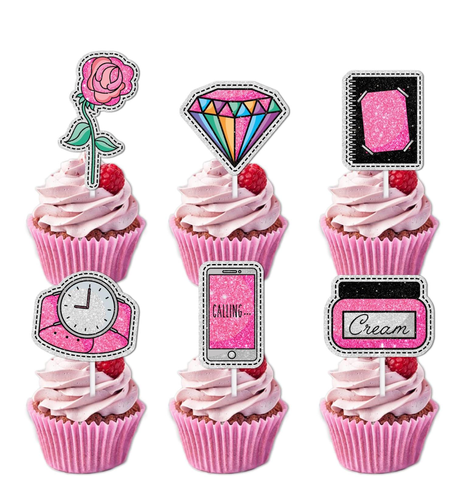 18pcs Pink Glitter Dessert Cupcake Topper for Make Up Flowers Diamond Theme Decor Supplies Lady Woman Girls Happy Birthday Bachelor Wedding Party Decoration - Buy Online on GoSupps.com