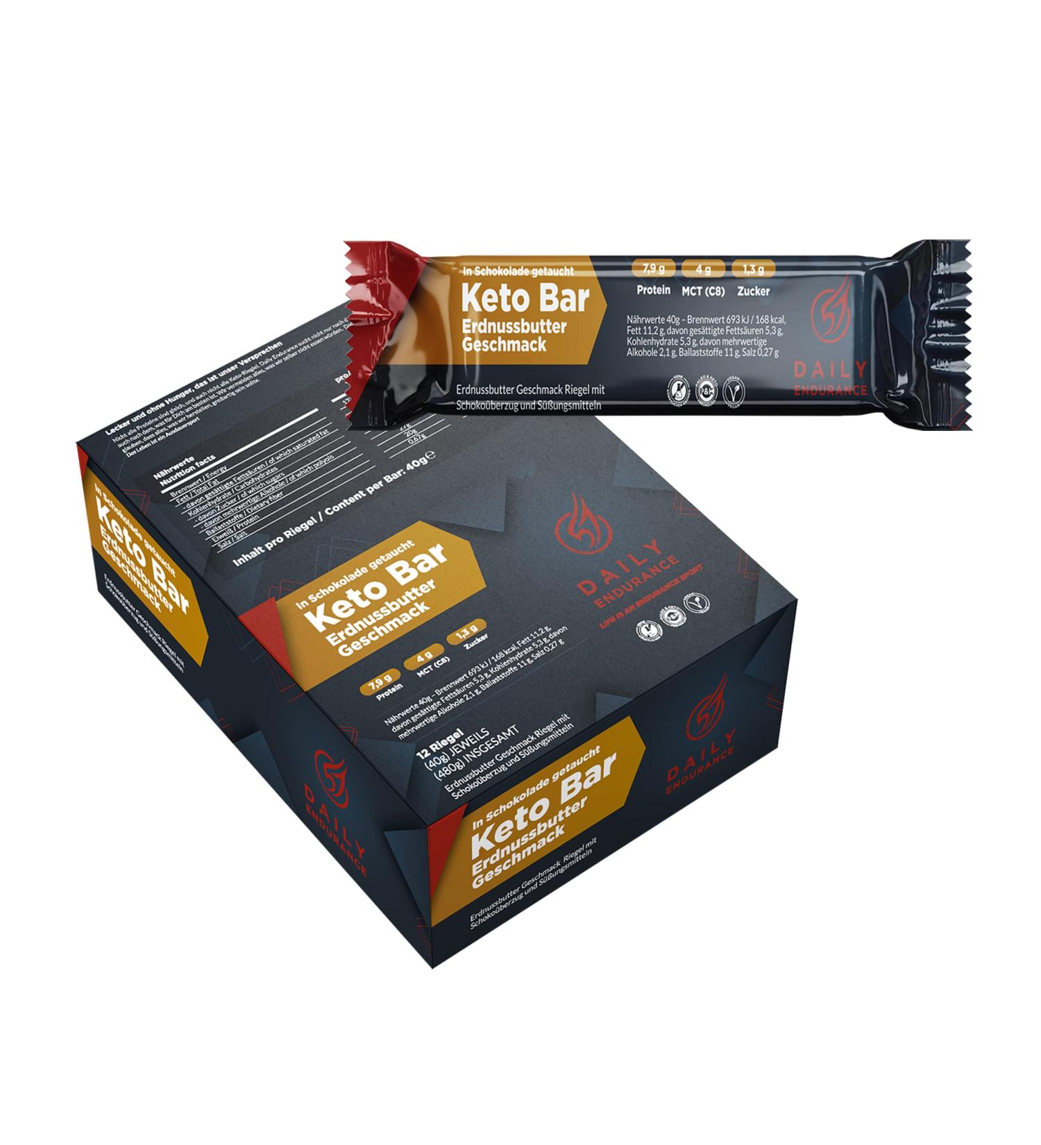Daily Endurance Keto Bars | Low Carb Vegan Snacks | Best On-the-Go Peanut Butter Chocolate | 12 Bars 480g - Paleo-Friendly - Buy Online on GoSupps.com