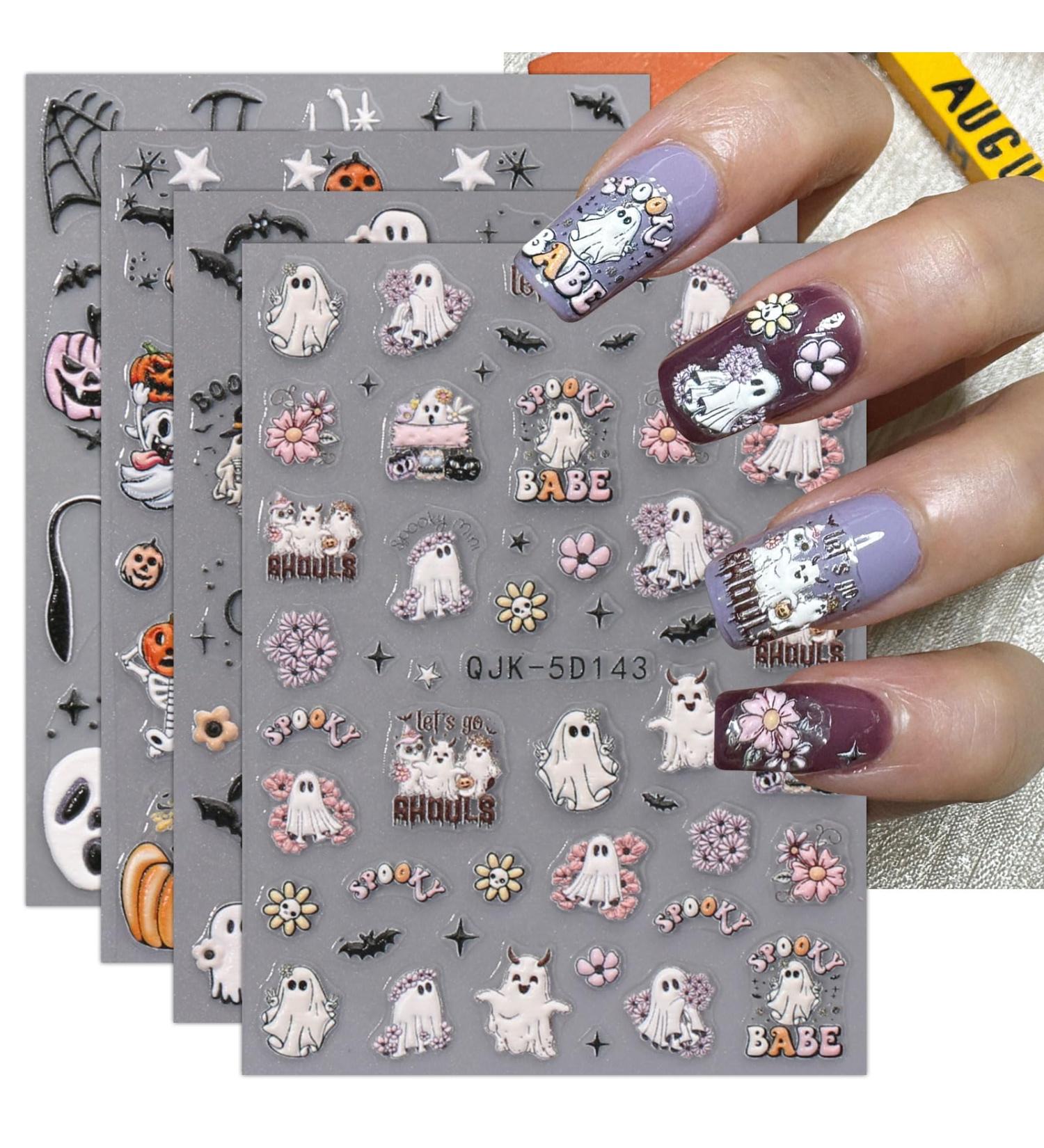 5D Halloween Nail Stickers 4 Sheets 5D Self-Adhesive Embossed Pink Nail Decal Ghost Pumpkin Nail Art Decoration Design Supplies - Buy Online on GoSupps.com