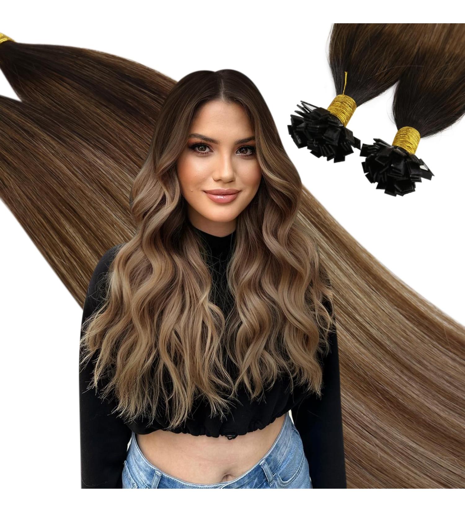UGEAT 14 Flat Bonding Keratin Hair Extensions - 35cm Remy Brazilian Hair Dark Brown to Light Gold Brown Tips 1g 50 Sticks/Package - Buy Online on GoSupps.com