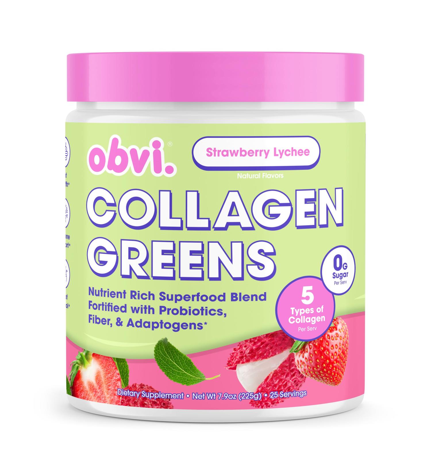 Obvi Collagen Greens | Organic Greens Superfood Powder with Collagen Peptides | Probiotics for Gut Health Skin Hair Nails | Gluten-Free Zero Sugar | Strawberry Lychee Flavor 25 Servings - Buy Online on GoSupps.com
