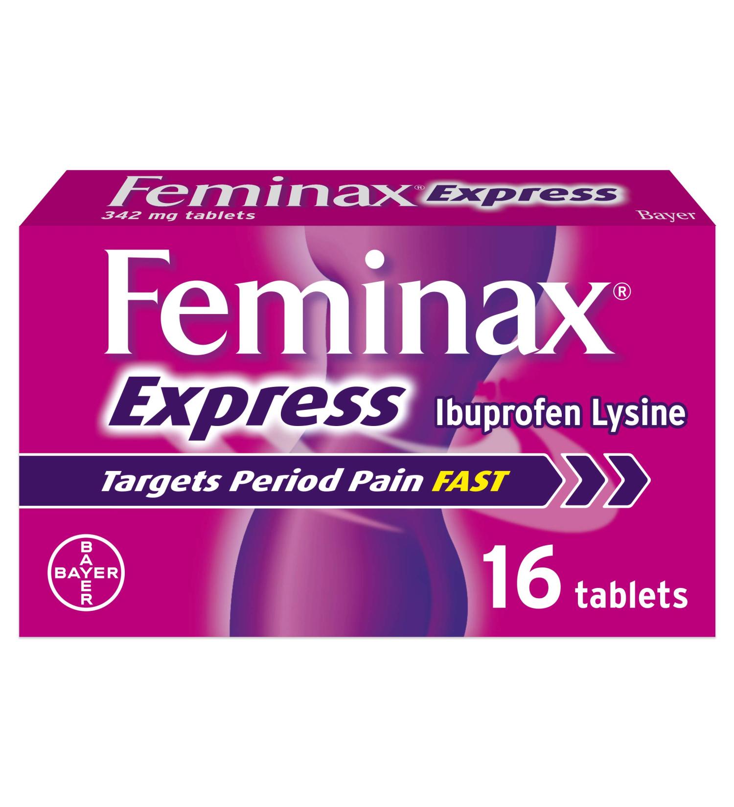 Feminax Express 342mg x 16 Tablets - Fast Relief with Ibuprofen and Lysine - Buy Online on GoSupps.com