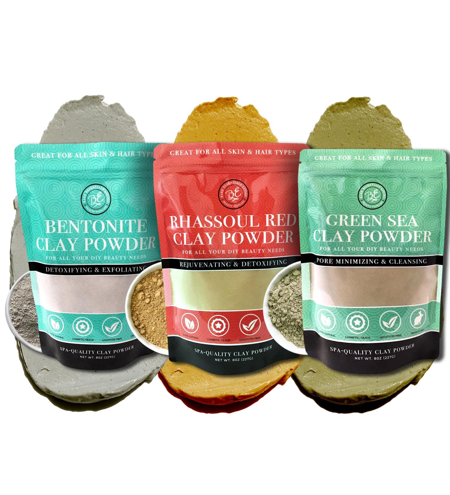 Bentonite Clay Powder Set | Indian Healing Moroccan Rhassoul & French Green Clay | 3 x 8oz for DIY Hair Face & Body Masks - Bare Essentials Living - Buy Online on GoSupps.com