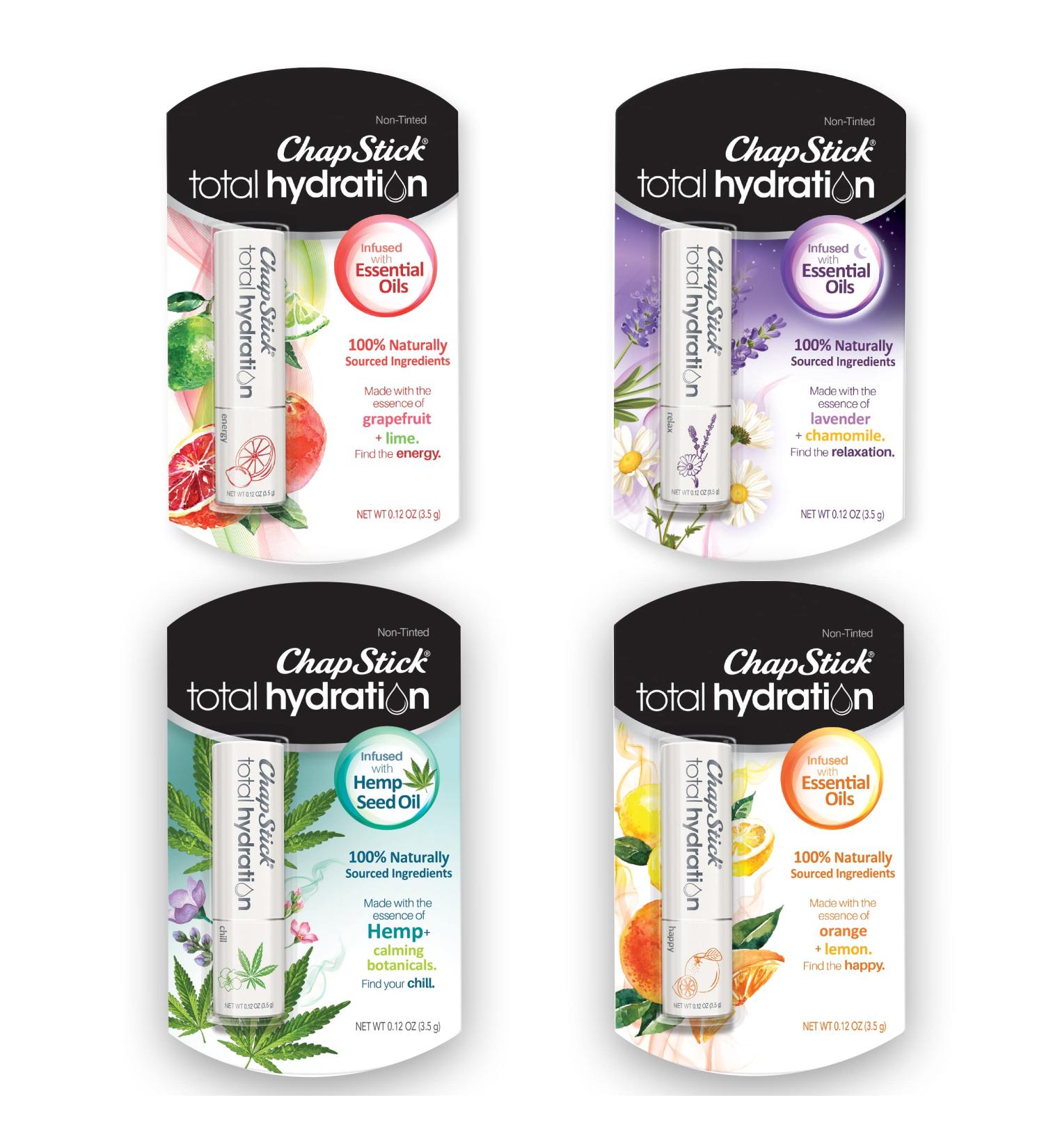 ChapStick Total Hydration - 100% Natural Essential Oils Lip Balm Set (4 Tubes, 0.12 oz Each) - Buy Online on GoSupps.com