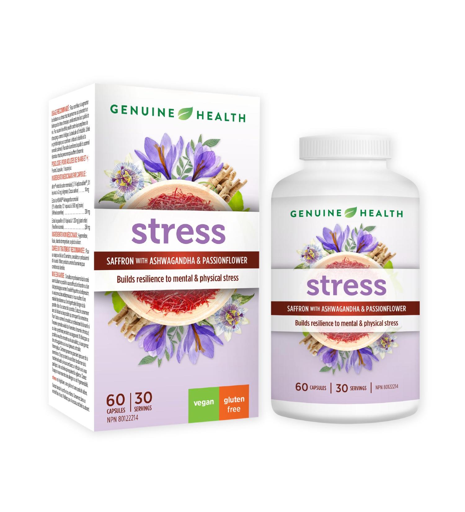 Genuine Health stress 60 count 30 day supply Saffron Ashwagandha and Passionflower for natural daily stress and sleep support Dairy & gluten-free Vegan - Buy Online on GoSupps.com