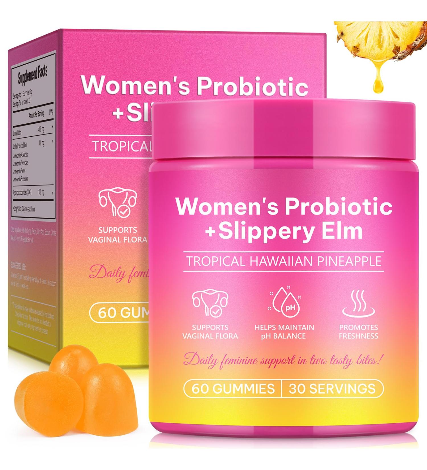 Feminine Probiotic Gummies with Slippery Elm Pineapple Probiotics Gummies for Women PH Balance Gut & Immune Support Yeast Balance Prebiotics & Lactobacillus Blend | Vegan & Sugar-Free 60 Gummies - Buy Online on GoSupps.com