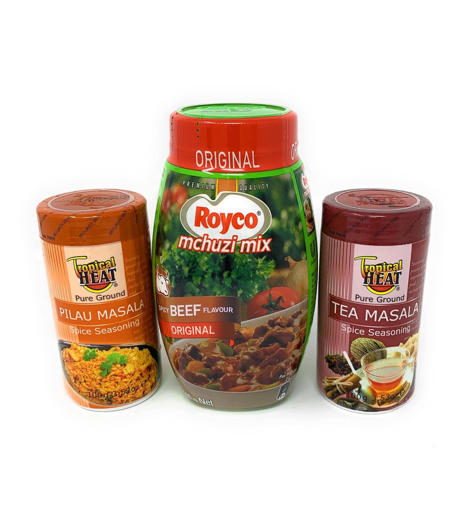 Bundle of 3 Aromatic & Flavored Spices: Tropical Heat Pilau Masala, Royco Spicy Beef Flavor, Kenyan Tea Masala - Enhance Your Foods & Teas with Extra Taste and Aroma - Buy Online on GoSupps.com