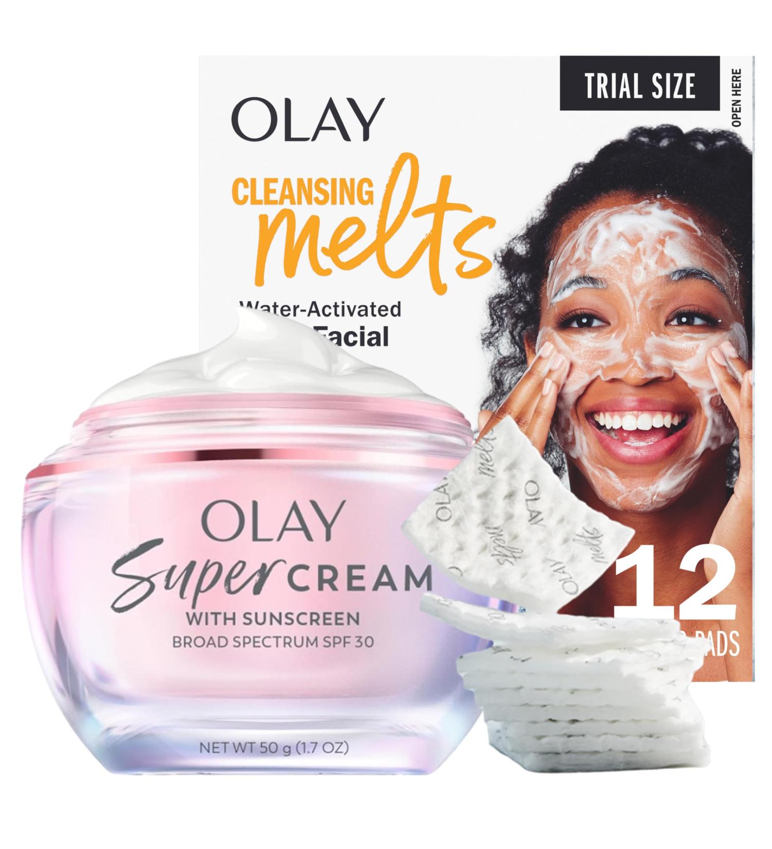 Olay Super Cream with Sunscreen SPF 30 Lightweight Face Moisturizer with Sun Protection 5-in-1 Skin Care Benefits (1.7 oz) & Trial Size Vitamin C Cleansing Melts Water-Activated Face Wash (12 ct) - Buy Online on GoSupps.com