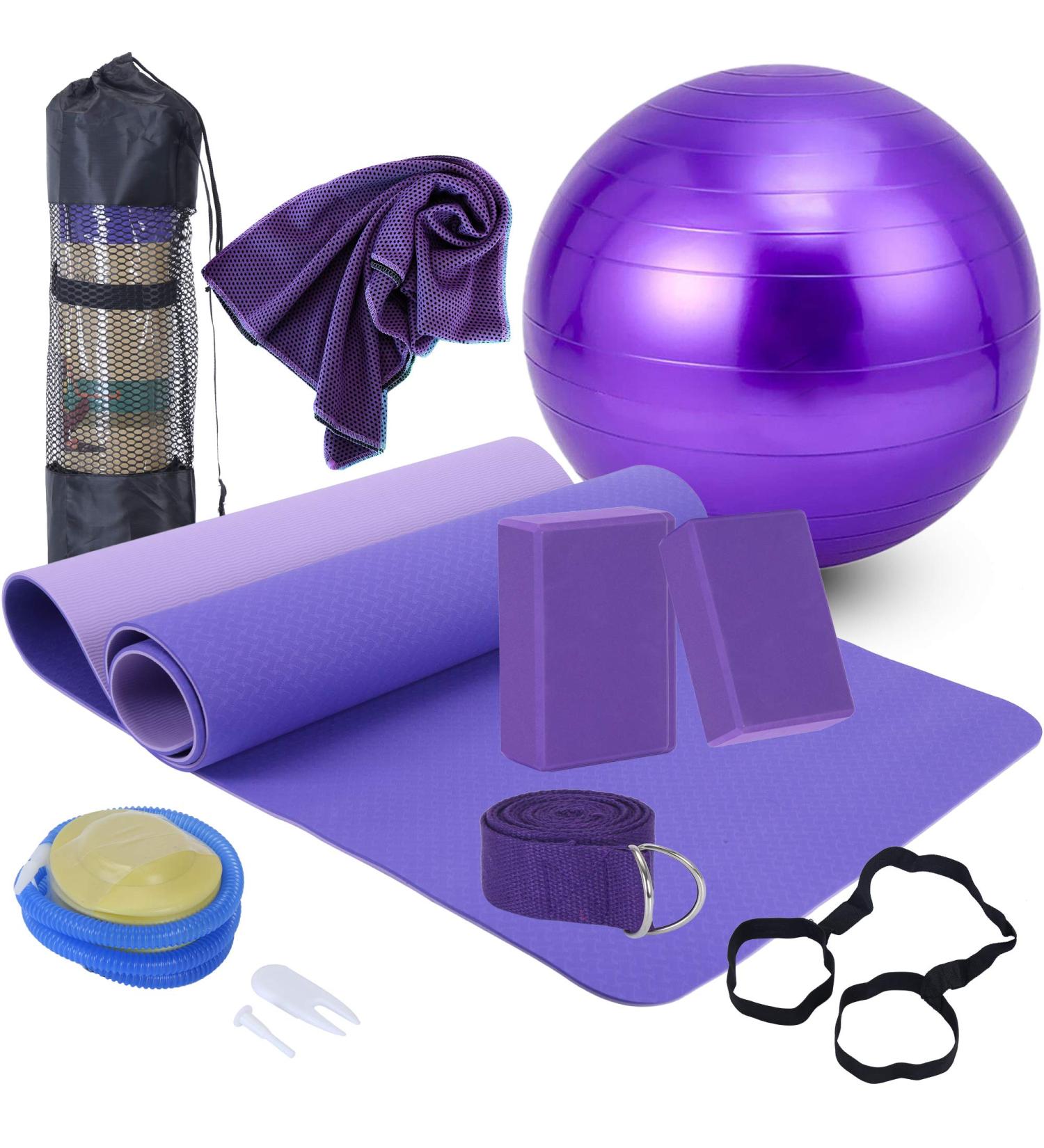 AJIEVWU 11-Piece Yoga Beginners Kit - Yoga Blocks, Strap, Ball, Mat with Carry Strap, Net Bag - Purple Yoga Set for Women Men - Buy Online on GoSupps.com