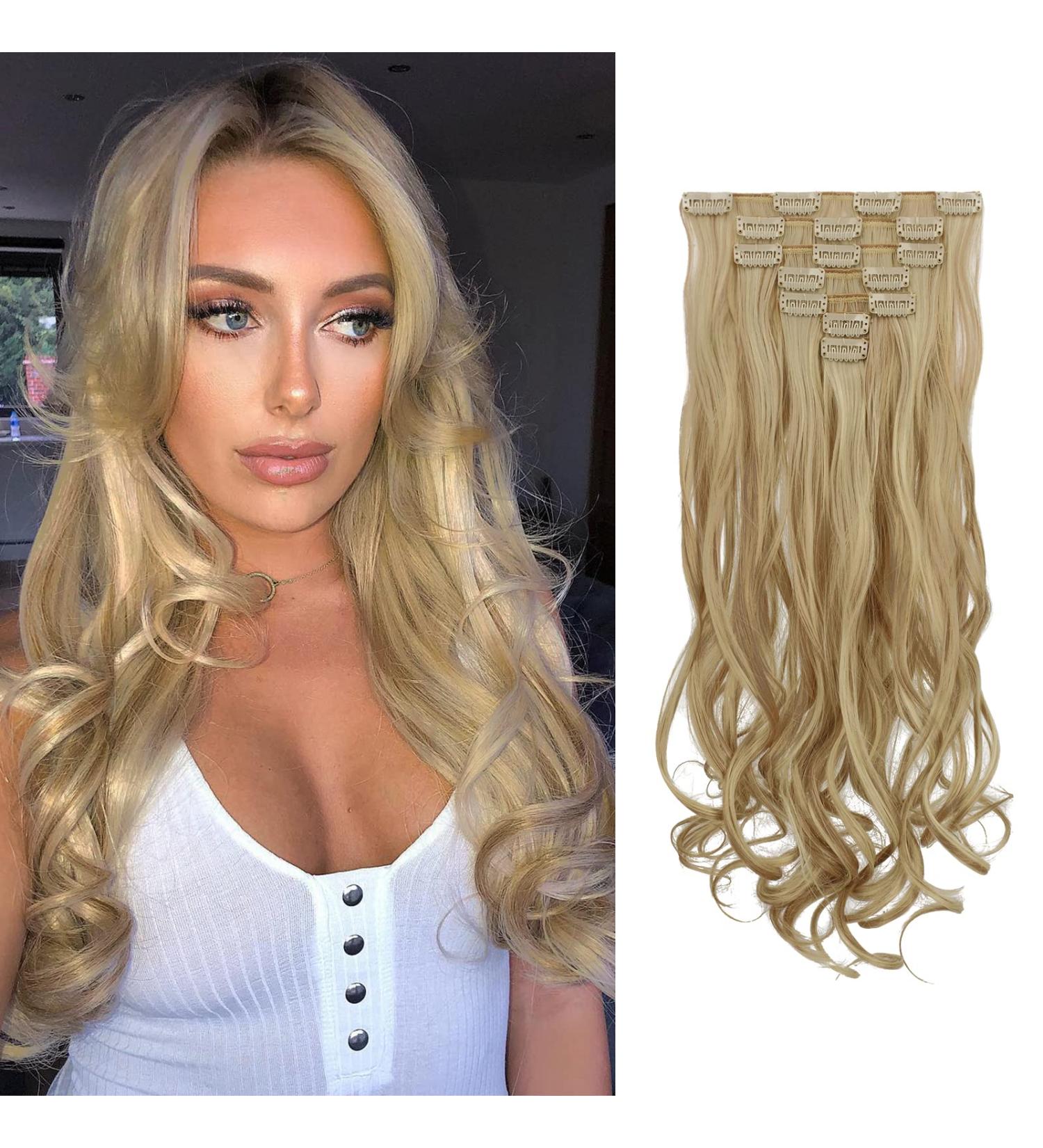 Shop Feshfen 7-Part Clip-In Hair Extensions | Wavy Golden Blonde & Bleach Blonde | 50cm Synthetic Hair Parts for Women - Buy Online on GoSupps.com