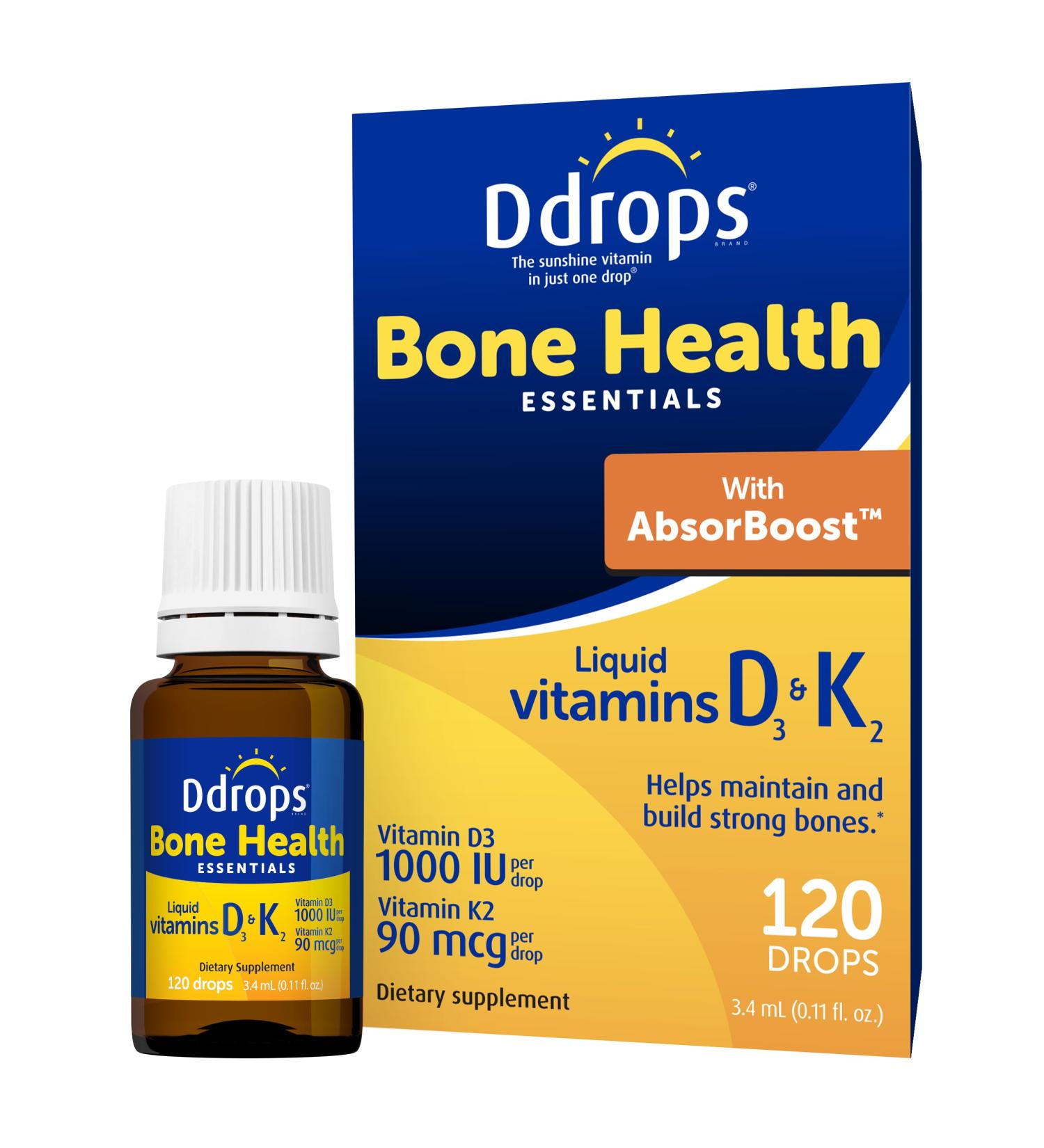 Ddrops Adult Bone Health 1000 IU Vitamin D3 + 90 mcg K2-120 Drops - Helps Maintain and Build Strong Bones and Teeth. No Artificial Preservatives No Sugar Non-GMO Allergy-Friendly - Buy Online on GoSupps.com