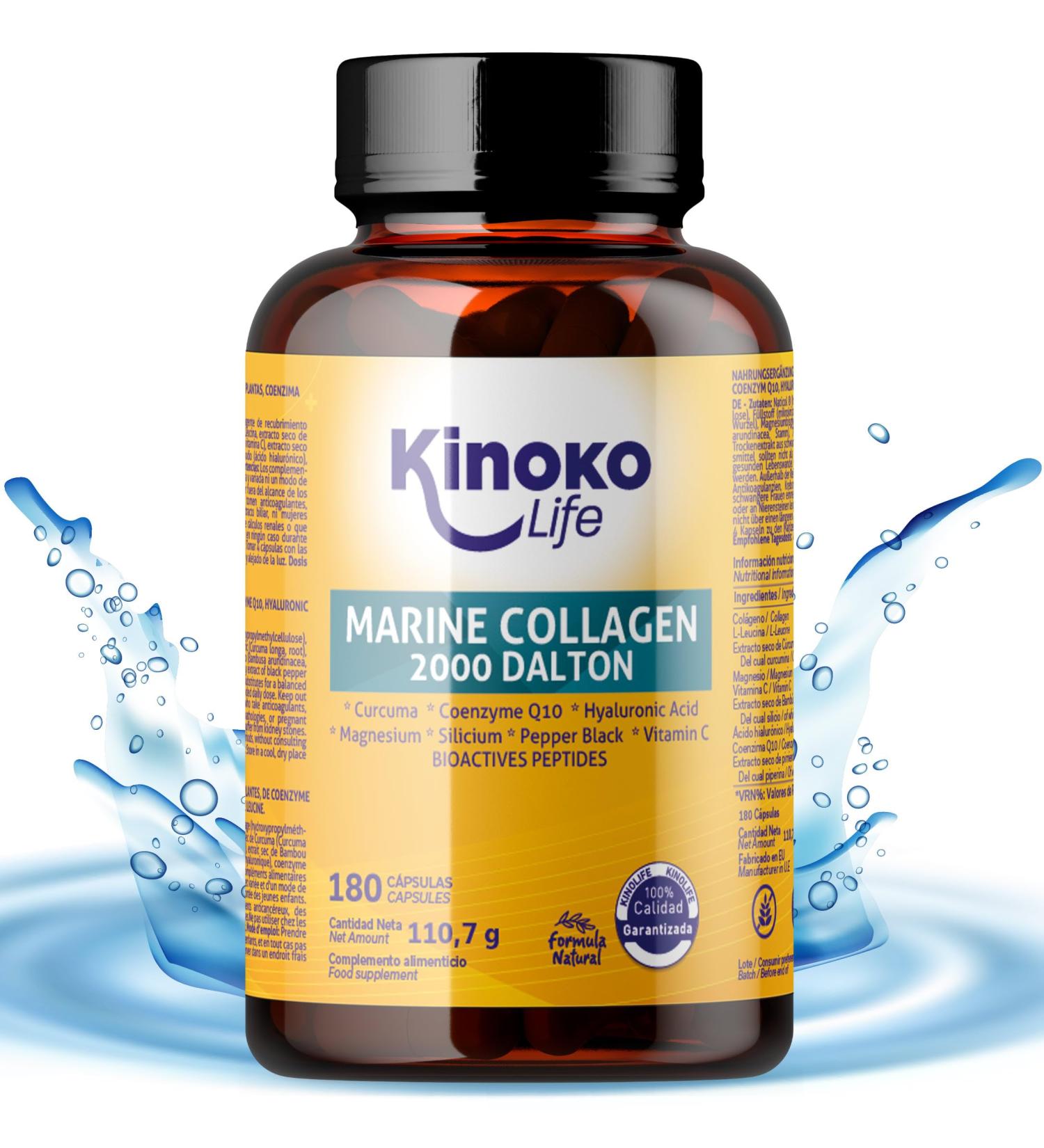 KINOKO LIFE - Hyaluronic Acid Marine Collagen | 180 Capsules Plant Extracts Coenzyme Q10 Vitamin C Magnesium Leucine Turmeric | Collagen and Hyaluronic Acid | Food Supplement - Buy Online on GoSupps.com