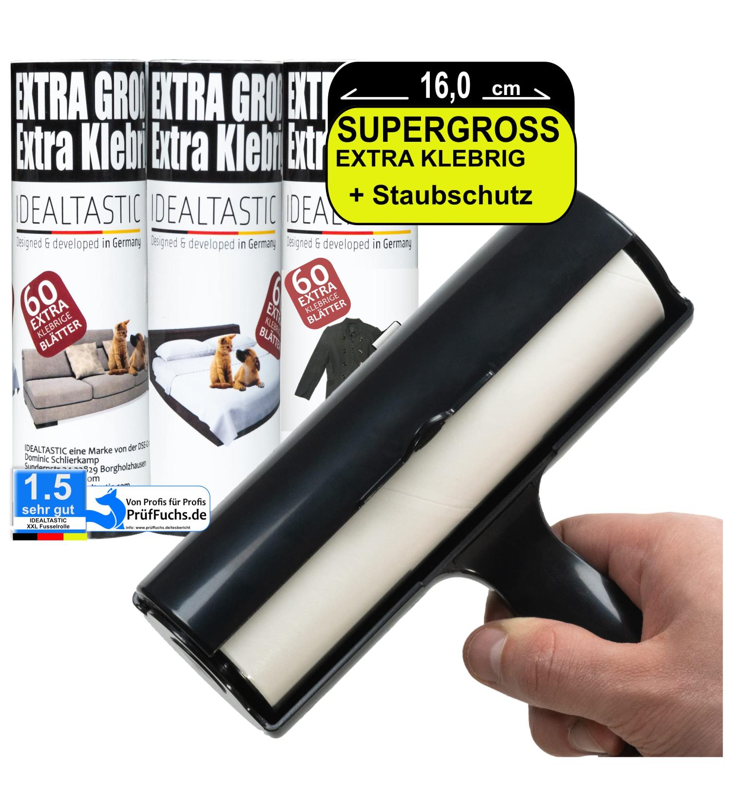 IDEALTASITIC Large Lint Roller 3x60 Sheets for Effective Lint & Hair Removal on Sofa Bed Clothing & Car | XXL Sticky Roller for Pets & Maximum Cleaning - Buy Online on GoSupps.com