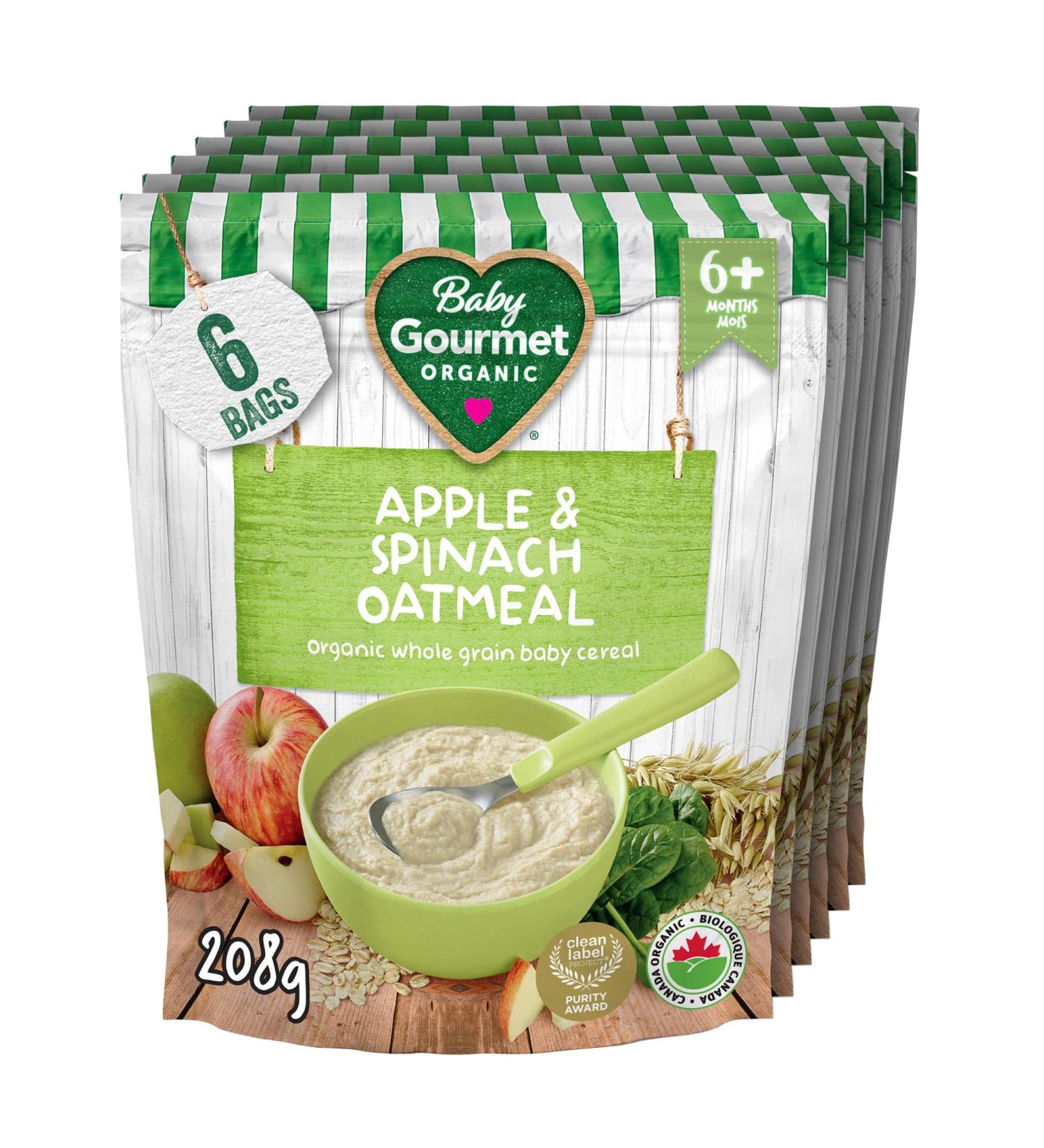 Baby Gourmet Organic Cereal - Apple Spinach Oatmeal - Resealable Bag - No Added Sugar Or Salt Plant-Based Nutrition Non GMO BPA-Free Packaging Kosher - (208g) 6-Pack Green - Buy Online on GoSupps.com