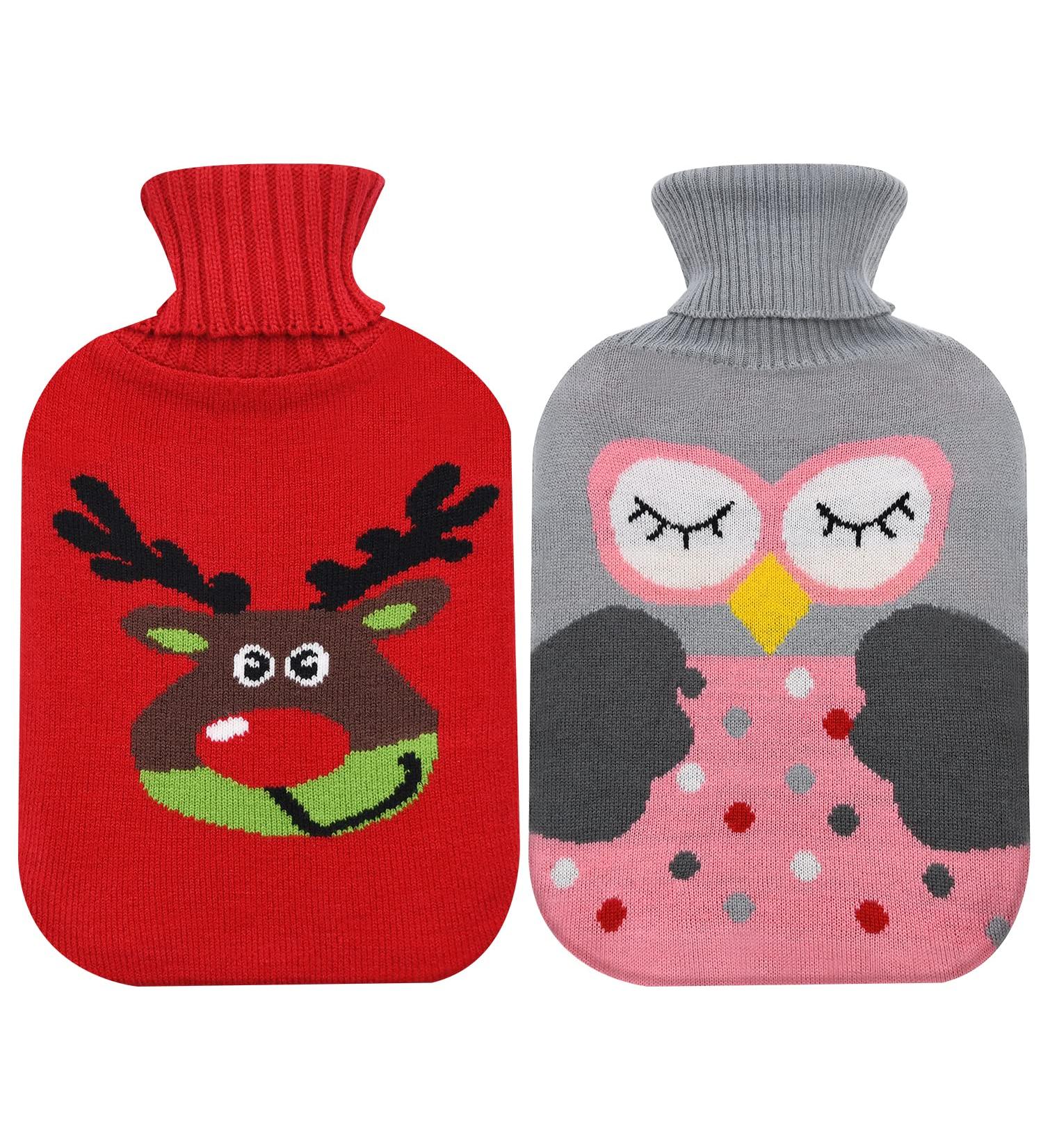 2 Pack Hot Water Bottles with Knit Cover - 2 Liters Rubber Water Bags for Pain Relief - Hot/Cold Therapy - Cartoon Deer & Owl Design - Buy Online on GoSupps.com