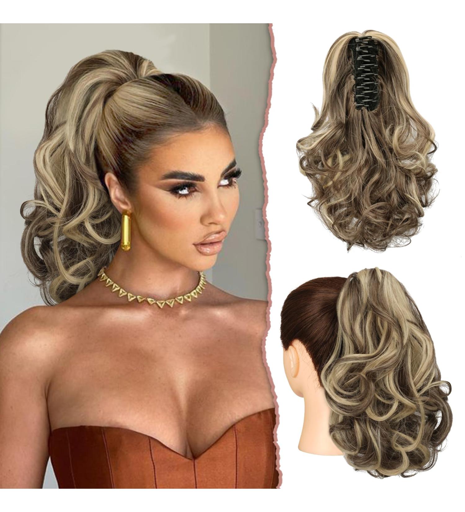 Sofeiyan 28cm Clip-In Ponytail Extension - Short Curly Ash Brown & Bleach Blonde Synthetic Hair for Women - Buy Online on GoSupps.com