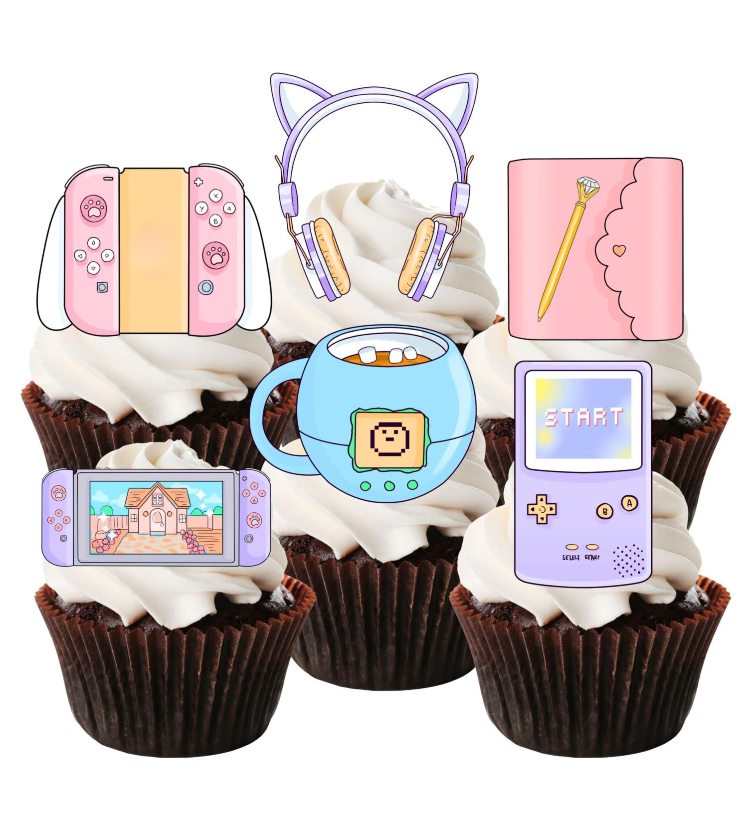 Gaming Cupcake Toppers Edible Gamer Girl Cake Decorations #2 Edible Video Game Party Decorations Pink Gaming Controller Cake Toppers Cute Game Console Cupcake Toppers Purple Switch (Precut 24) 24 Precut - Buy Online on GoSupps.com