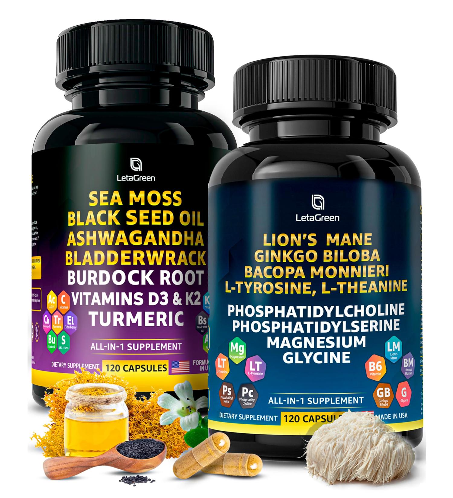 LetaGreen Sea Moss and Lion s Mane Bundle Wild Sea Moss Capsules and Lions Mane Supplement Capsules Mind Balance & Daily Wellness 240 Count Plant-Based Supplement - Buy Online on GoSupps.com