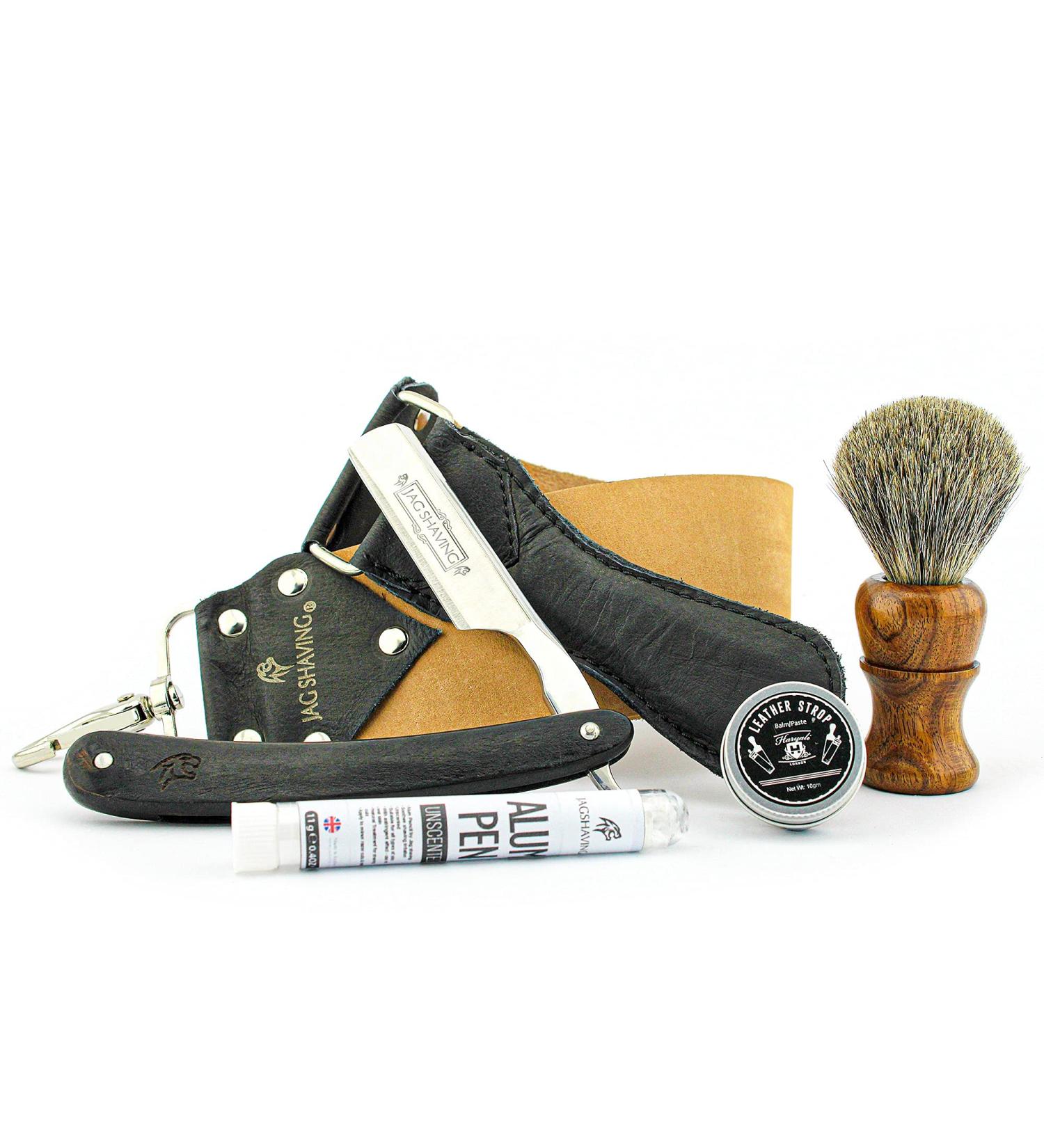 Jag Shaving Cut Throat Razor Set | 3-Part Black Straight Razor Set with Pure Leather Straps - Double-Sided Shaving Solution for a Smooth Shave - Buy Online on GoSupps.com