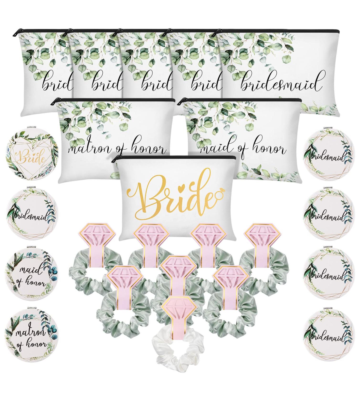 24 Pieces Bride Bridesmaid Proposal Gifts Wedding Makeup Bag Gift Set Includes 8 Canvas Makeup Bags Matron of Honor Bag 8 Satin Hair Scrunchies 8 Compact Makeup Mirrors Bridal Shower (Green Leaves) - Buy Online on GoSupps.com